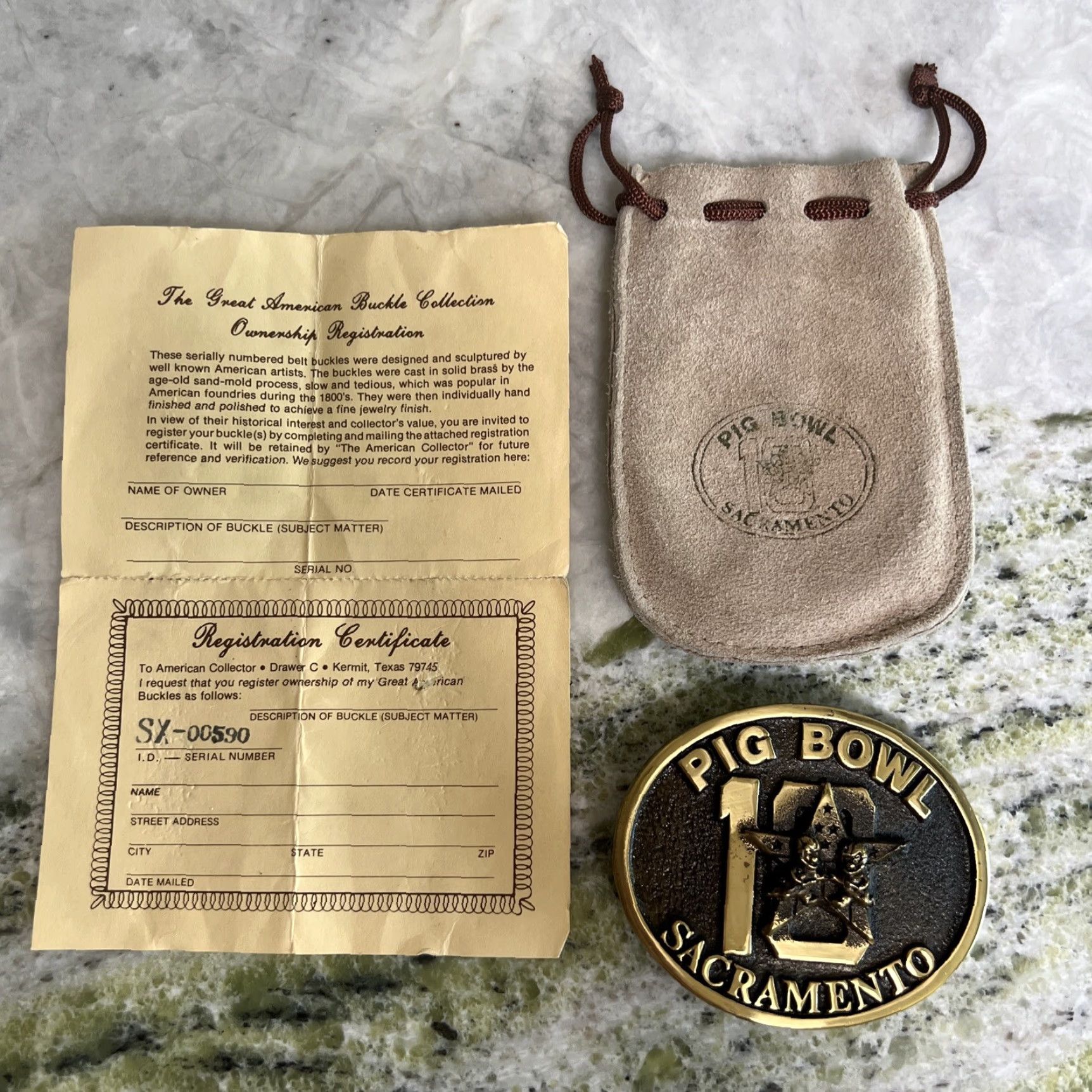 Vintage VINTAGE 1983 Pig Bowl Buckle Sacramento Police Sheriff Numbered Certificate Leather Bag Belt Buckle Men Gold Brass Certificate 1.5 in Fits 1.5 in BB Size ONE SIZE - 2 Thumbnail