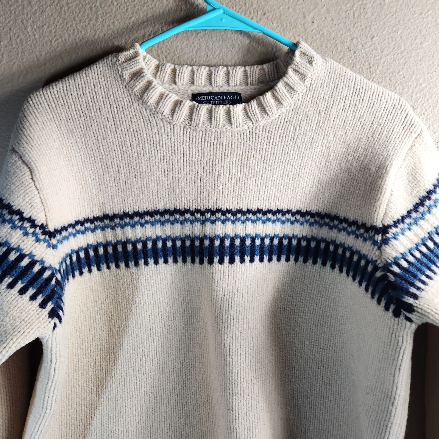American Eagle Outfitters VINTAGE American Eagle Outfitters Sweater | Pullover Knit Crewneck | Women L | Beige/Navy Lambswool | Striped Chunky-Knit | Casual Fall/Winter Women Size L / US 10 / IT 46 - 3 Thumbnail
