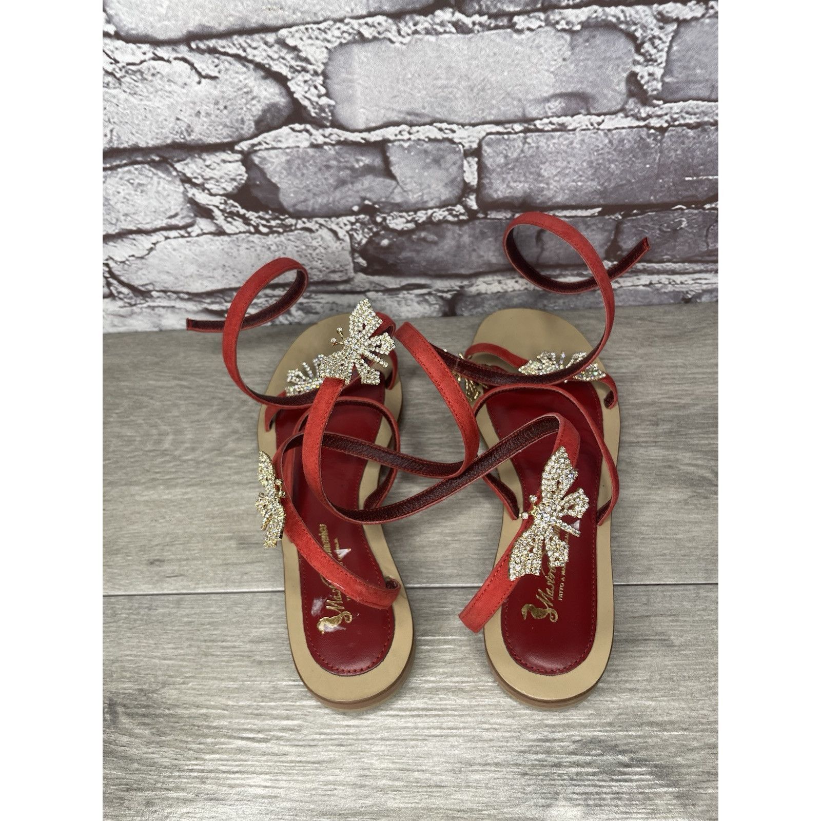 Other Mastro Domenico Red Leather Butterfly Rhinestone Wrap Around Size US 7.5 / IT 37.5 - 6 Thumbnail