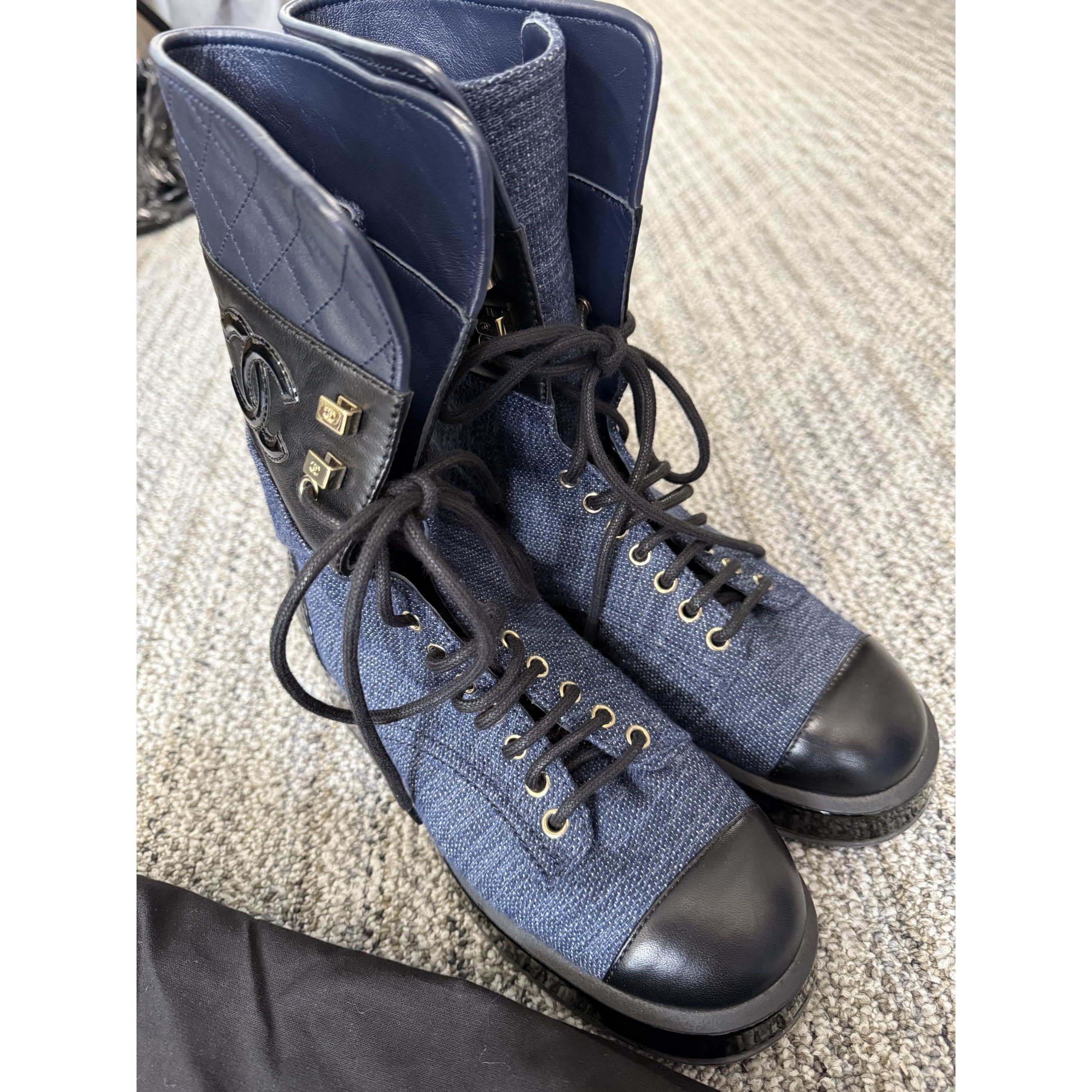 Chanel Chanel Womens Blue Denim & Black Patent Leather Combat Boots Size XS / US 0-2 / IT 36-38 - 10 Thumbnail