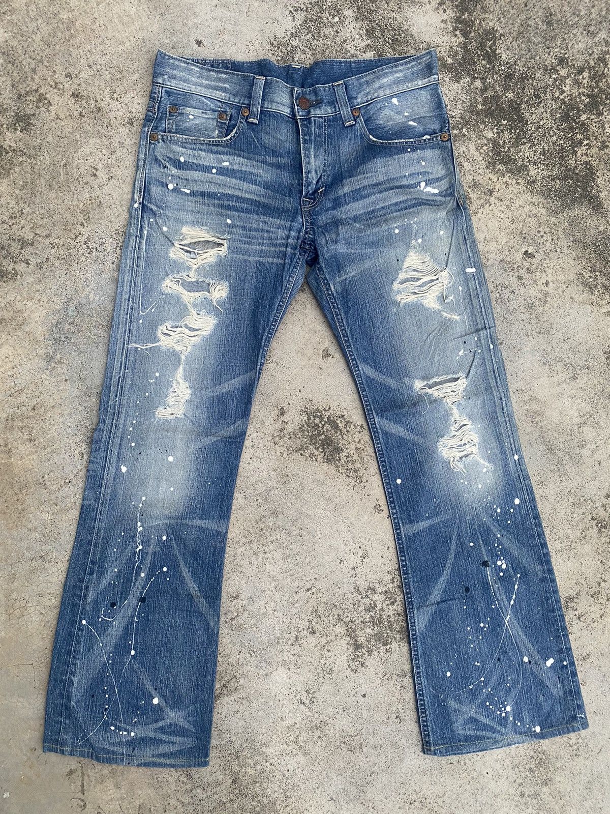 Edwin × Vintage Flare Jeans Edwin Blue Trip Distressed Painted Bootcut Size US 35 - 3 Thumbnail