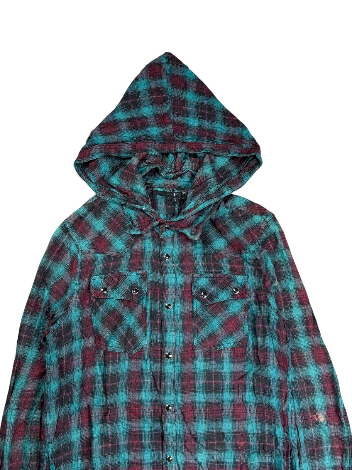 Le Grande Bleu (L.G.B.) 2000s No ID - Vkei Style Hooded Flannel Button Shirt Size US M / EU 48-50 / 2 - 3 Thumbnail