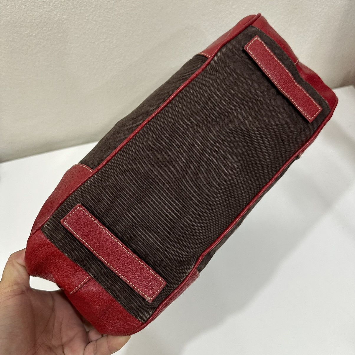 Prada PRADA BOWLING MINI BOSTON BAG BROWN CANVAS RED TRIM LEATHER Size ONE SIZE - 7 Thumbnail
