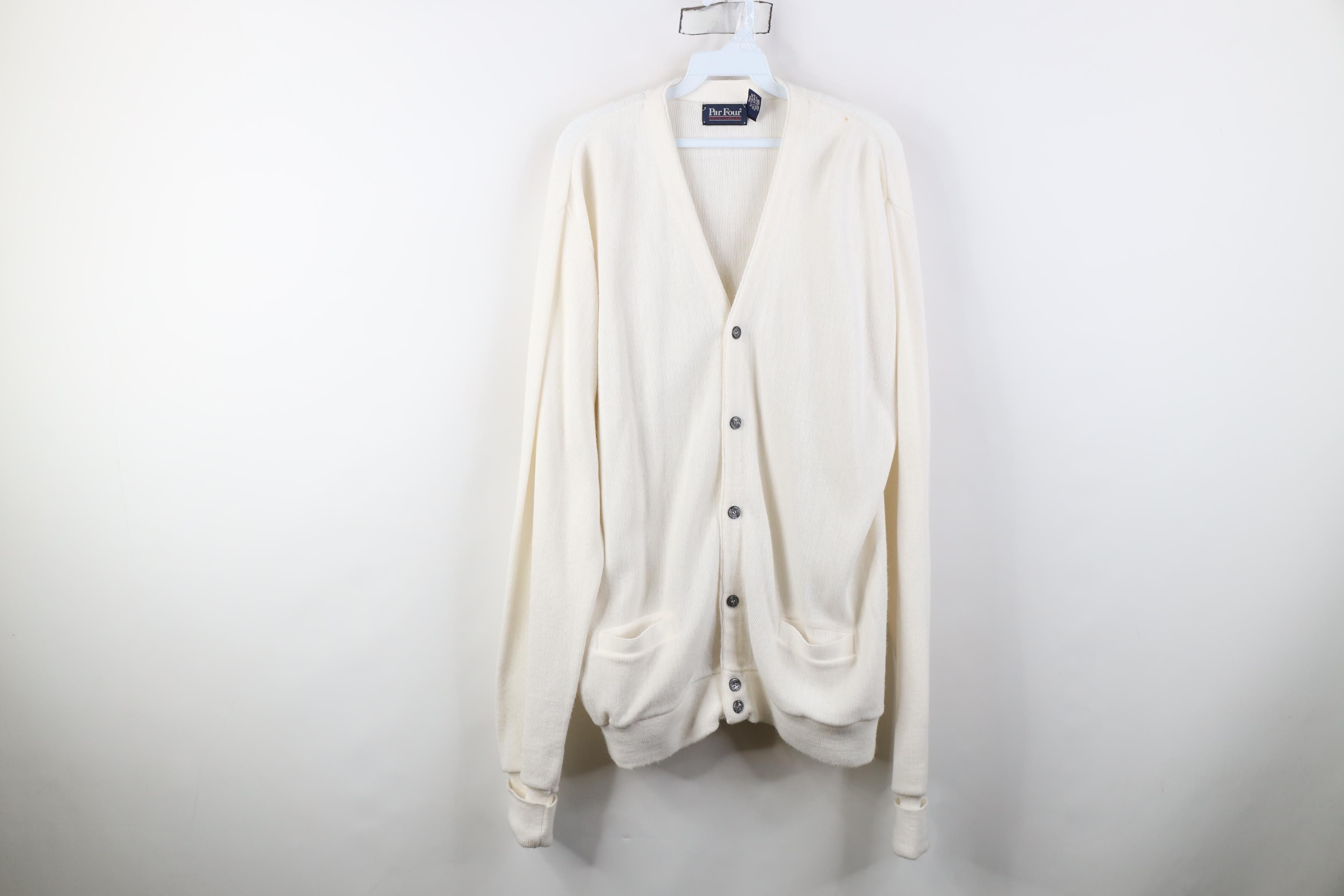 Vintage Vintage 70s Streetwear Blank Knit Cardigan Sweater White USA Size US XL / EU 56 / 4 - 1 Thumbnail