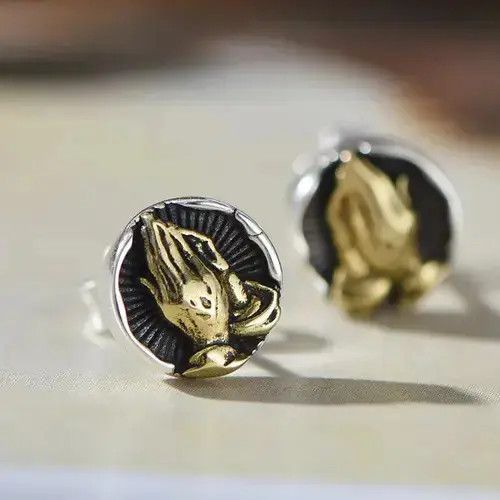 Japanese Brand 925 Silver Plated Praying Hands Stud Earrings for Men Women Size ONE SIZE - 1 Thumbnail