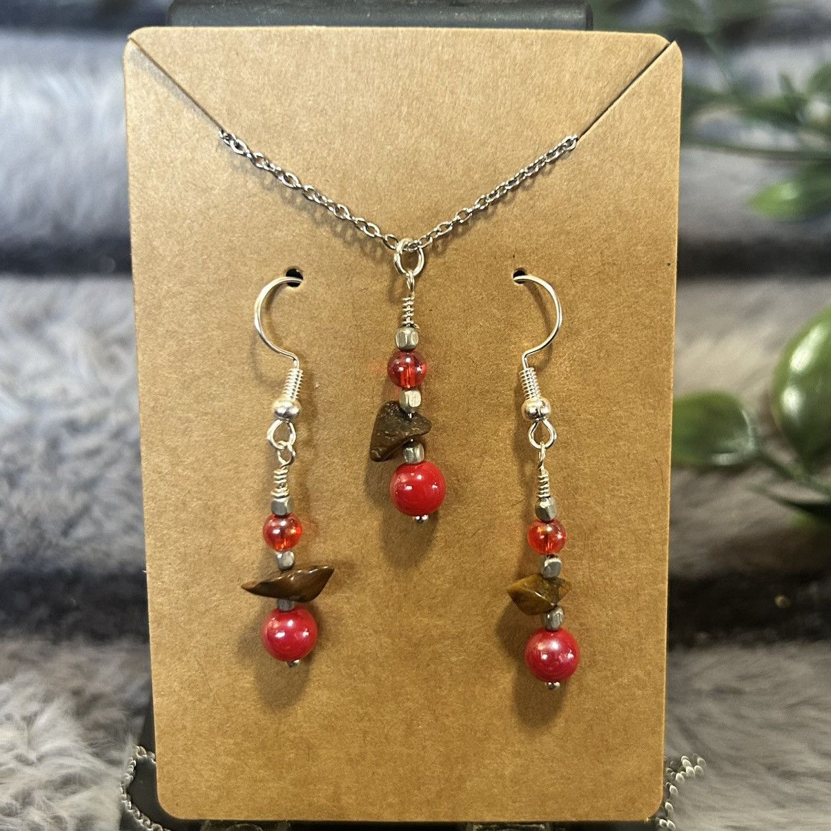 Handmade Handcrafted tigers eye art glass necklace and earring set Size ONE SIZE - 2 Thumbnail