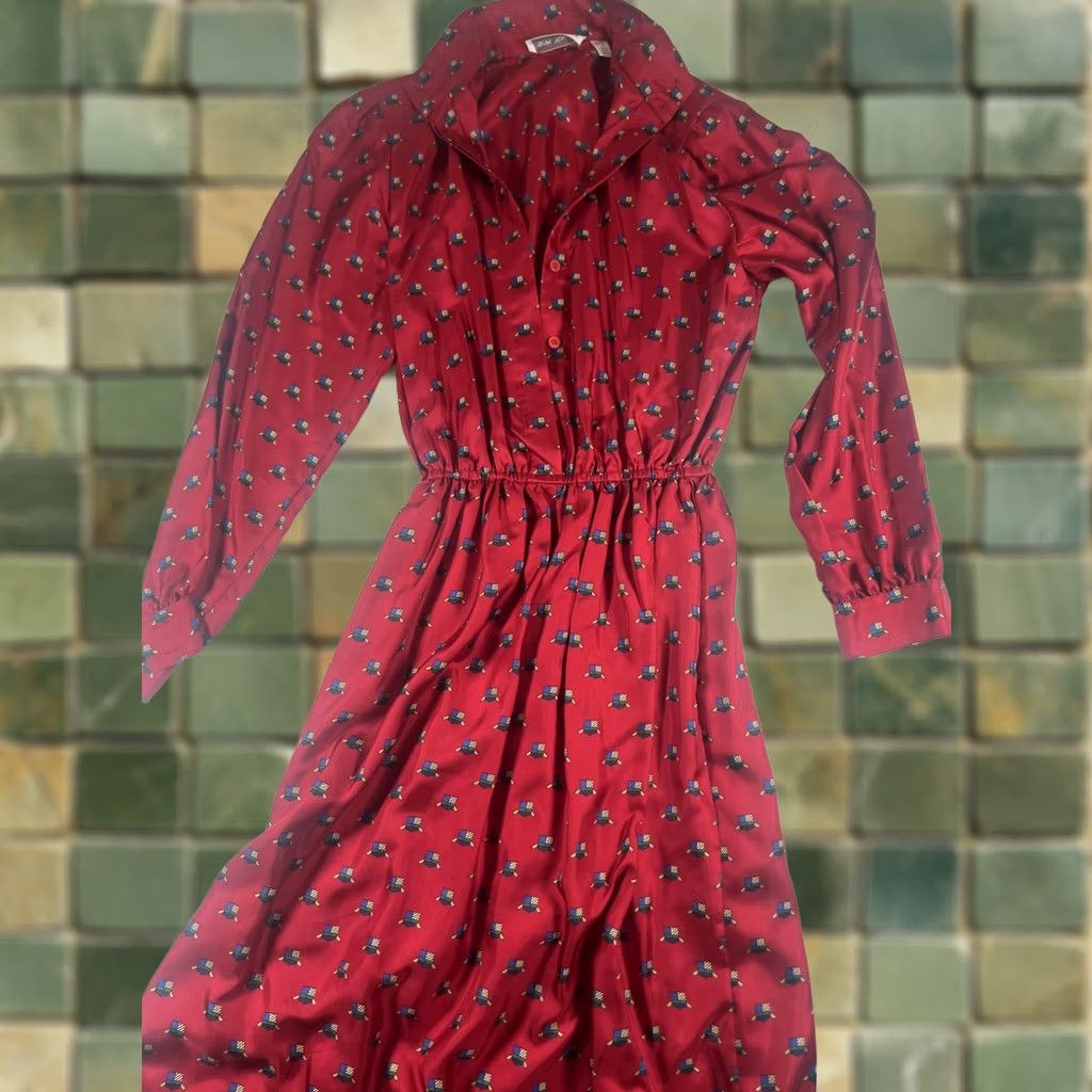 Vintage Frank Young Silk Shirt Dress Womens 6 Red Geometric Print Elastic Waist Buttons Size M / US 6-8 / IT 42-44 - 1 Thumbnail