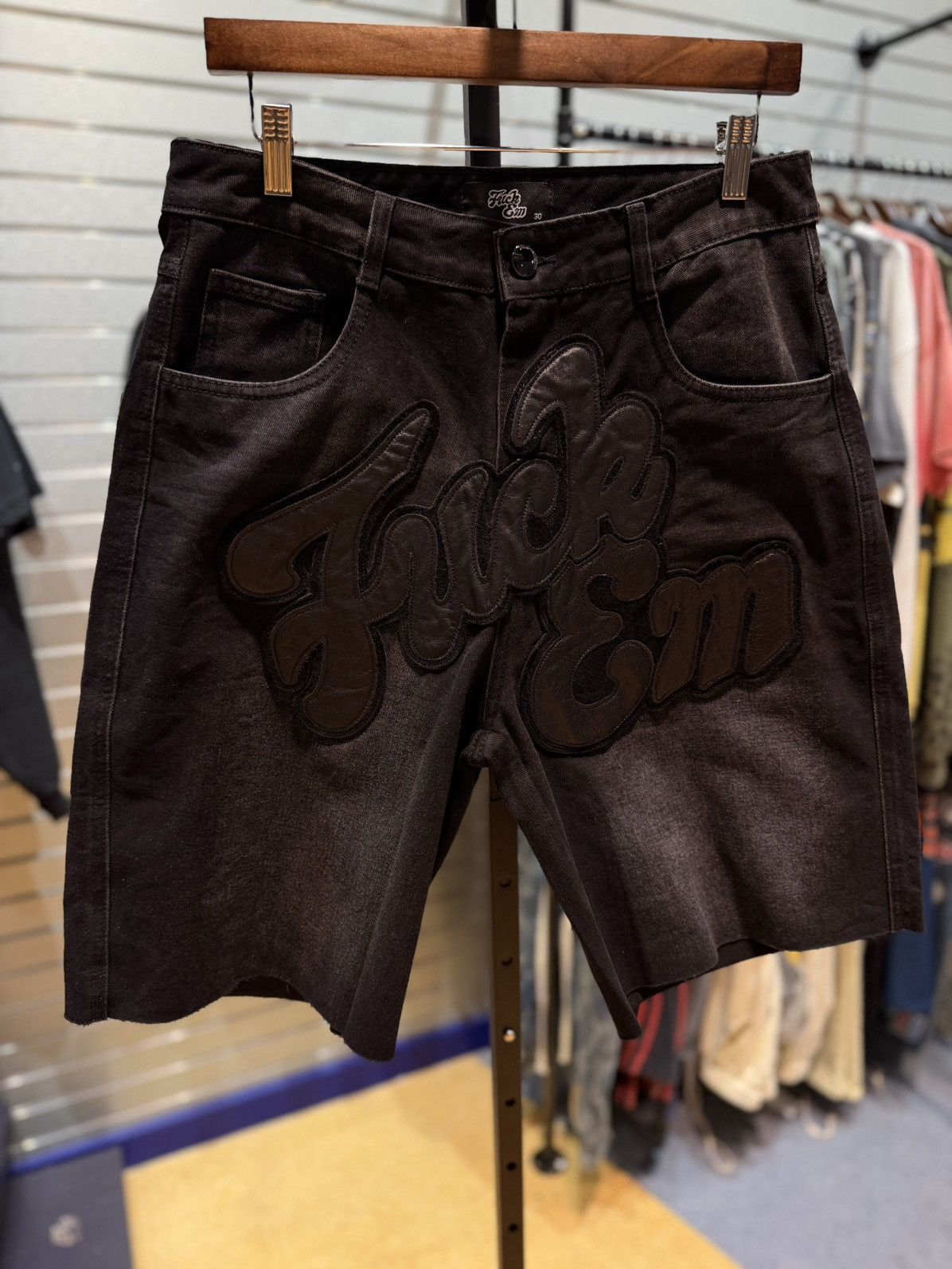 Other Fuck EM Shorts Black Denim Leather Patch Size (30) Size US 30 / EU 46 - 4 Thumbnail