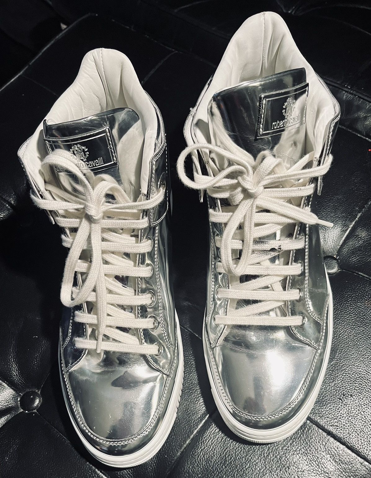 image of Roberto Cavalli Metallic High-Top Sneakers in Silver, Men's (Size 11)