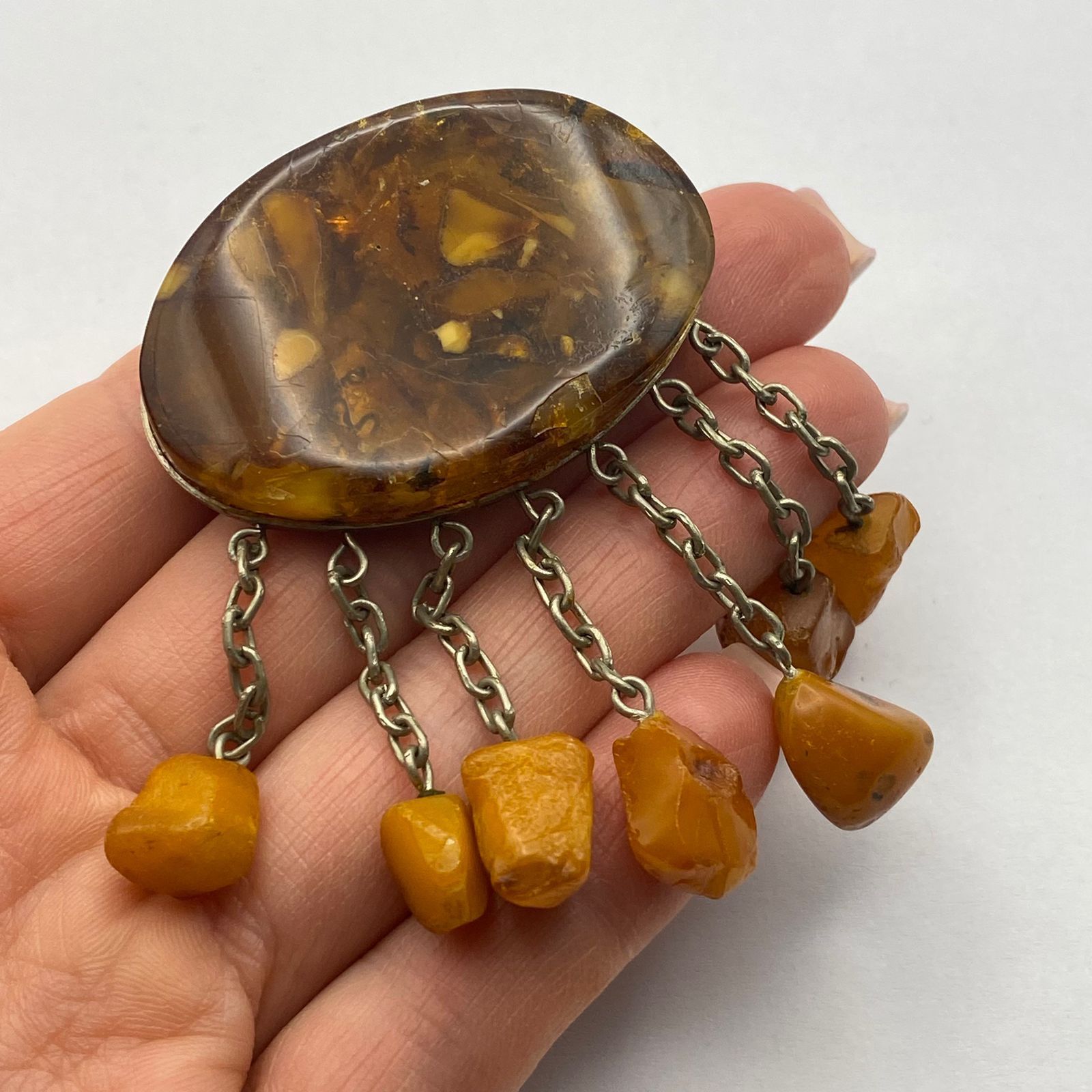 Vintage Soviet Baltic Amber Dangle Brooch USSR 21.8g