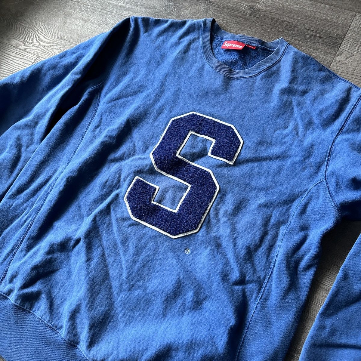 image of Supreme Vintage S Logo Varsity Crewneck Sweatshirt in Blue, Men's (Size XL)