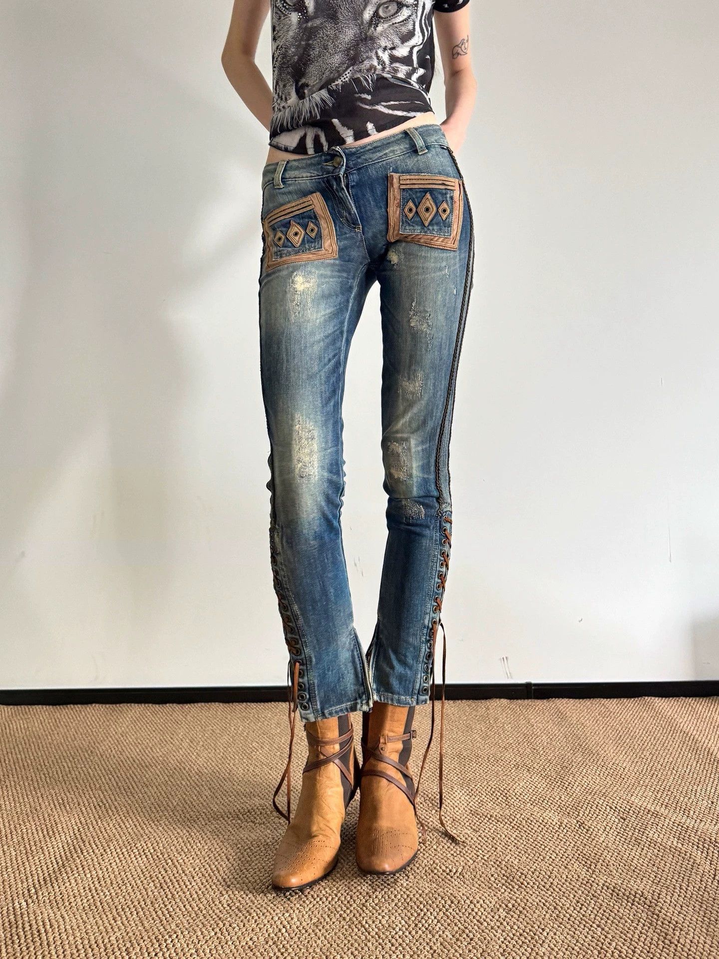 Just Cavalli Just Cavalli Panelled Leather Strap Jeans Size 25 Size 25" / US 0 / IT 36 - 1 Thumbnail