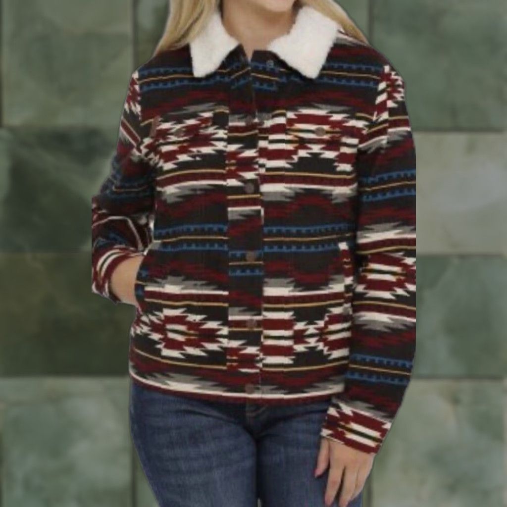 Cinch Jacket Corduroy Multicolored Aztec Trucker Western Fur Trim Red Sz Medium Women Adults Regular Long Sleeve snap Closure Cowboy Western 90s?