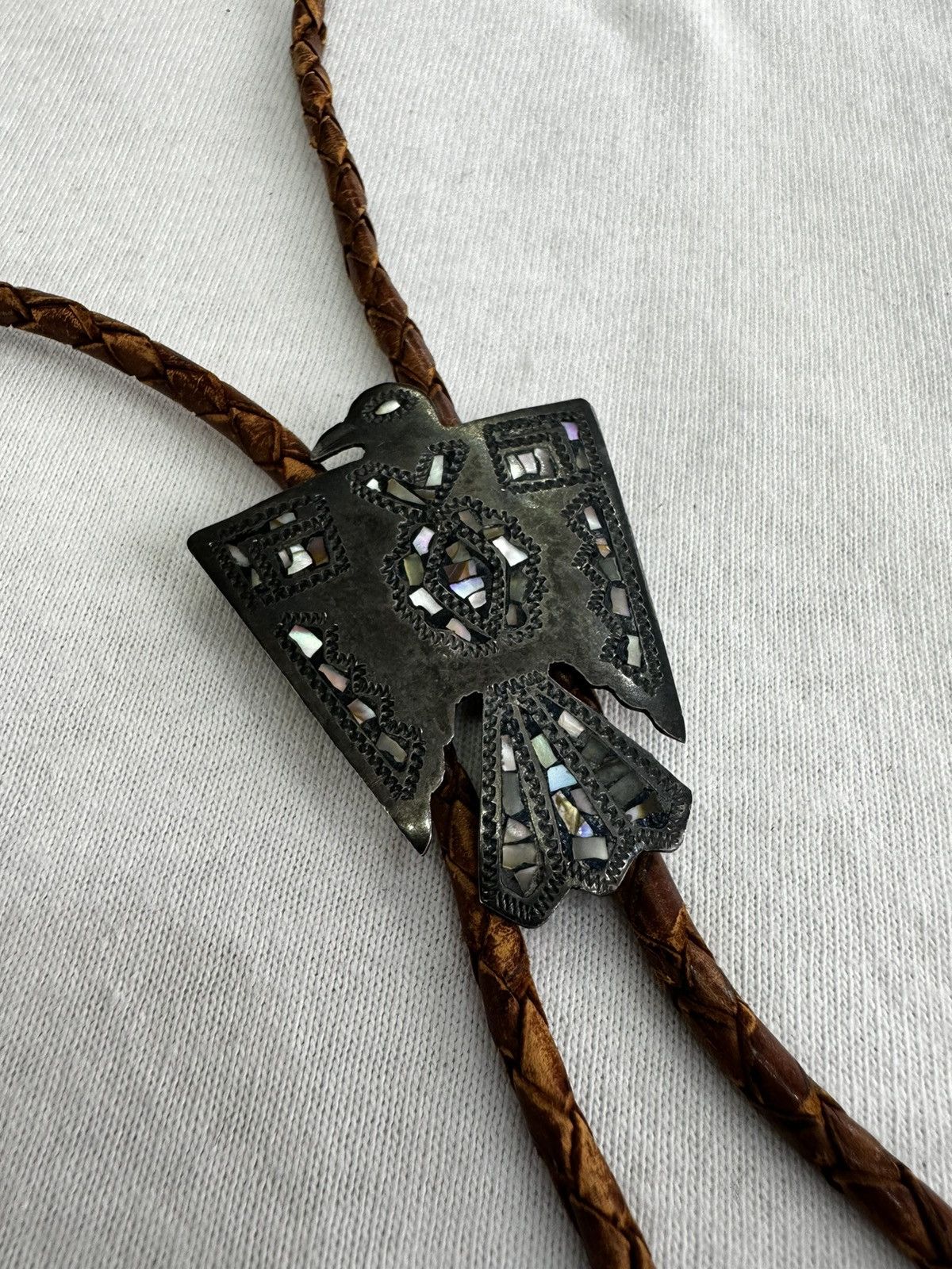 Japanese Brand × Sterling Silver FP 925 STERLING PEYOTE THUNDERBIRD BRAIDED LEATHER BOLO TIE Size ONE SIZE - 2 Thumbnail