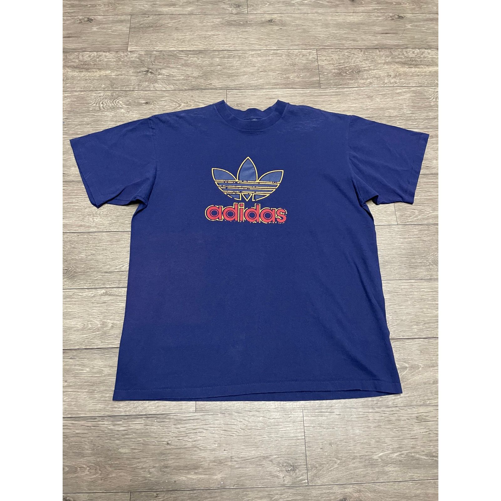 Adidas × Vintage Vintage Original Adidas Spellout Logo Blue Tee 90s Sz L Size US L / EU 52-54 / 3 - 1 Thumbnail
