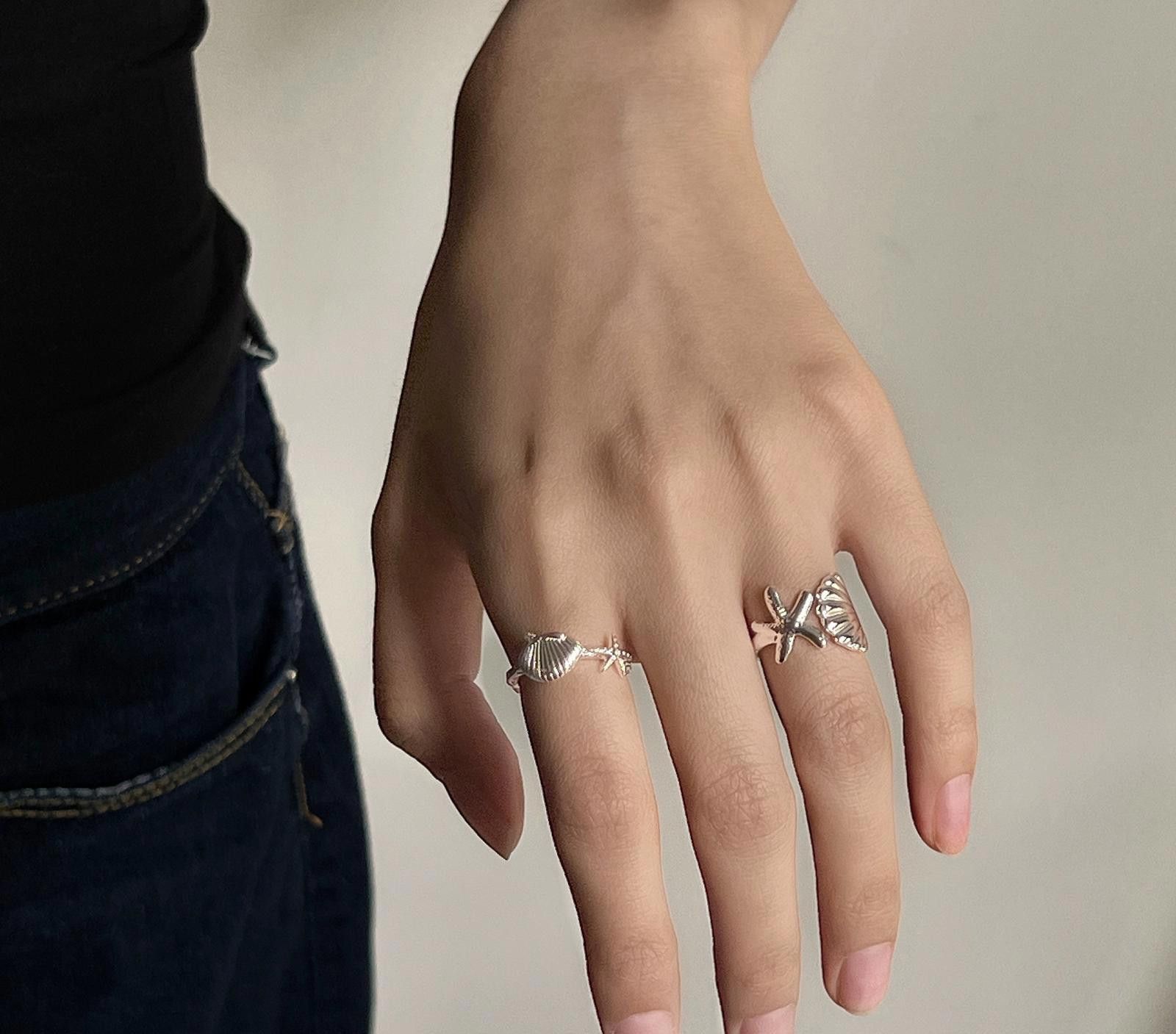 Jewelry Silver Shell and Starfish Open Band Rings, Adjustable Size ONE SIZE - 2 Thumbnail