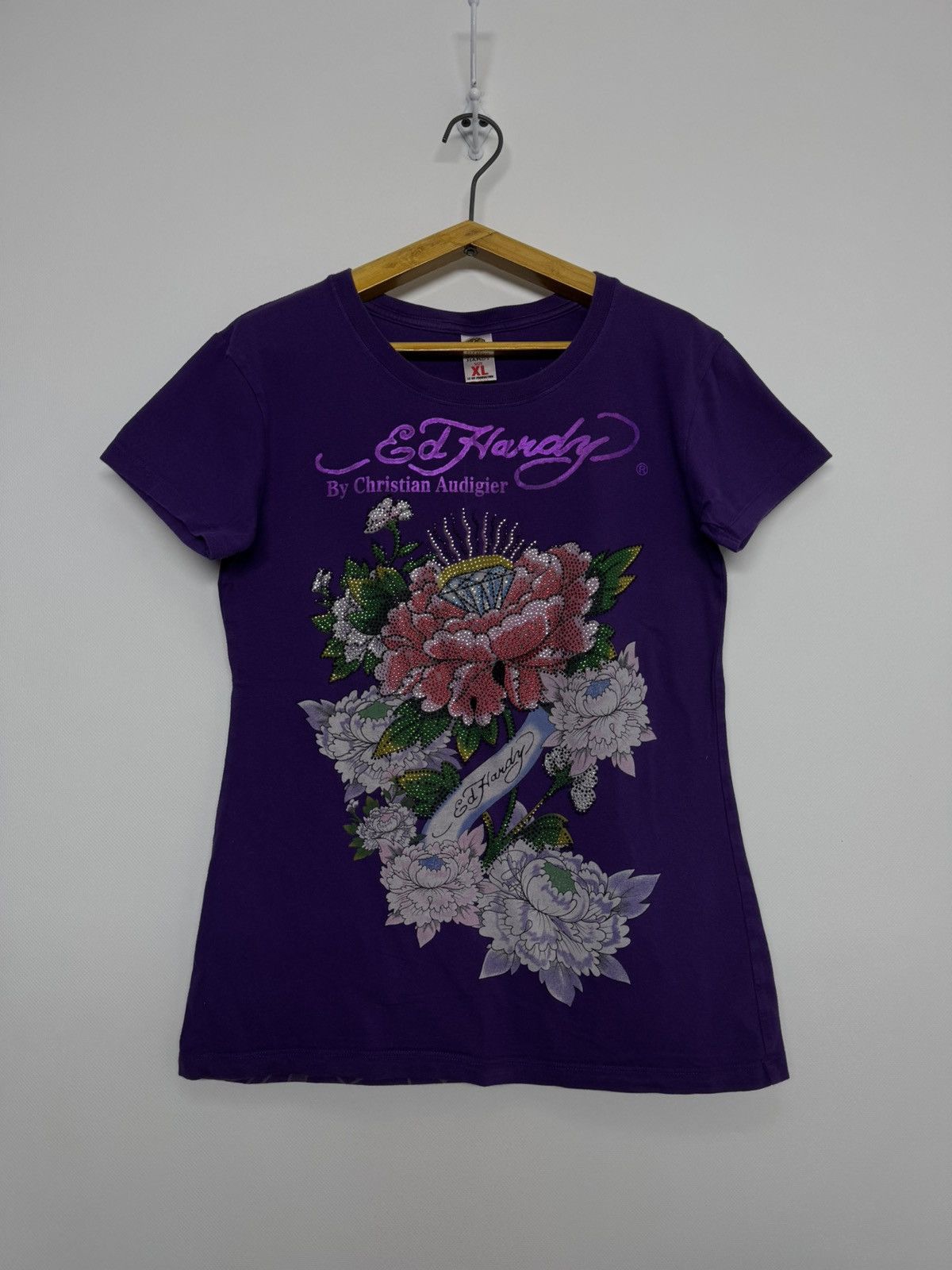 Ed Hardy ED HARDY T Shirt Purple Flower Diamond Rose tattoo shirt top Size XL / US 12-14 / IT 48-50 - 2 Thumbnail