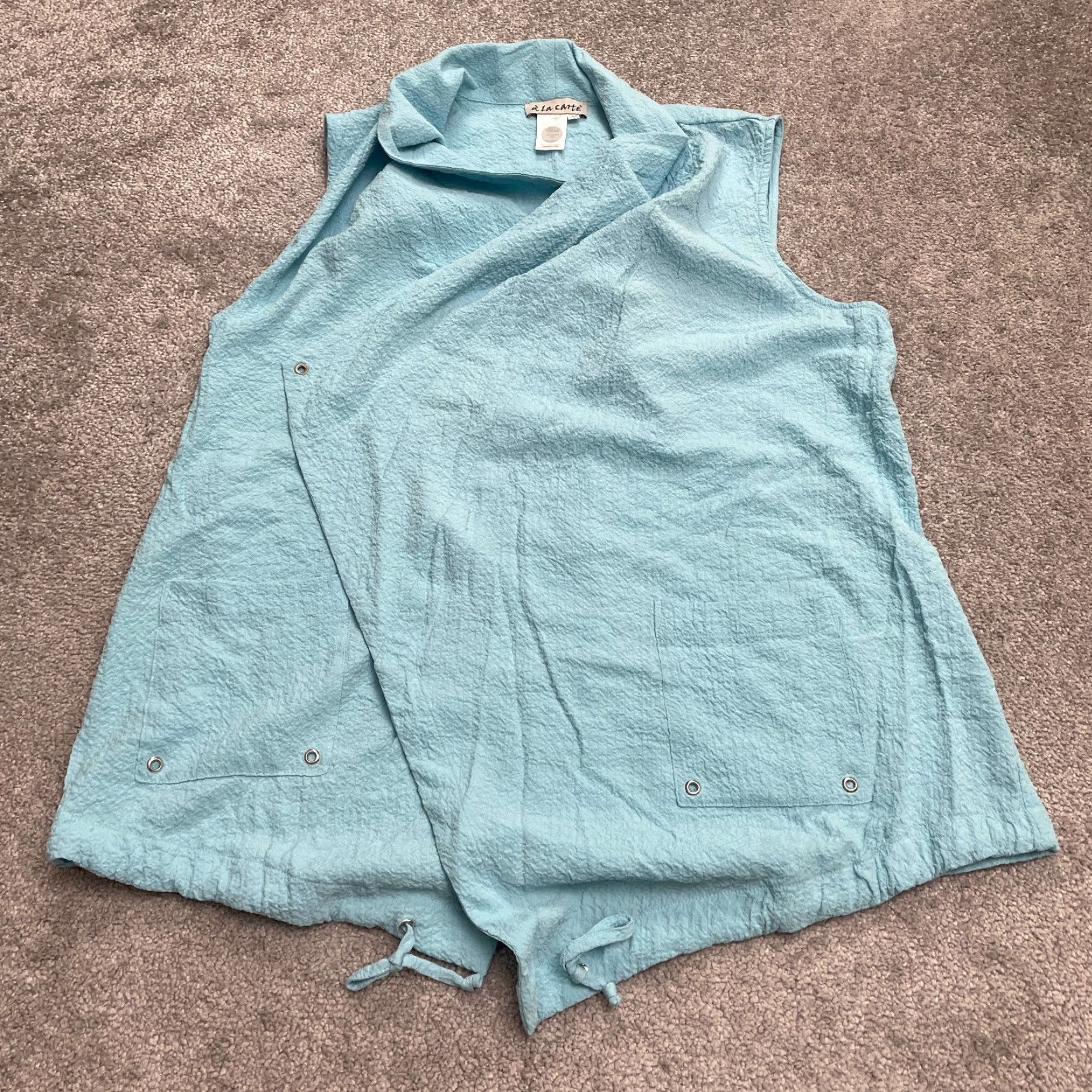 Vintage A La Carte Vest Jacket Womens L Blue Pockets Sleeveless Collared Casual Wrap - 90s? Size L / US 10 / IT 46 - 2 Thumbnail
