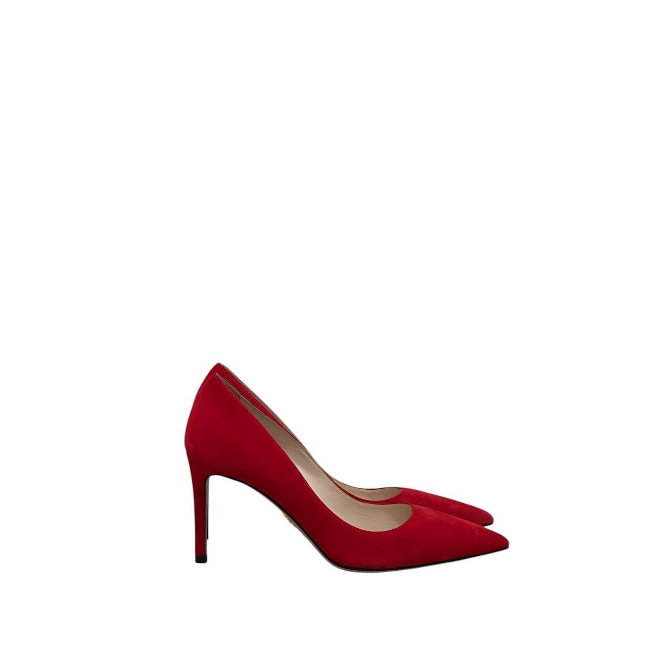 Prada NWOB Prada Red Suede Pointed Toe Pumps Sz.37.5 Size US 7.5 / IT 37.5 - 4 Thumbnail
