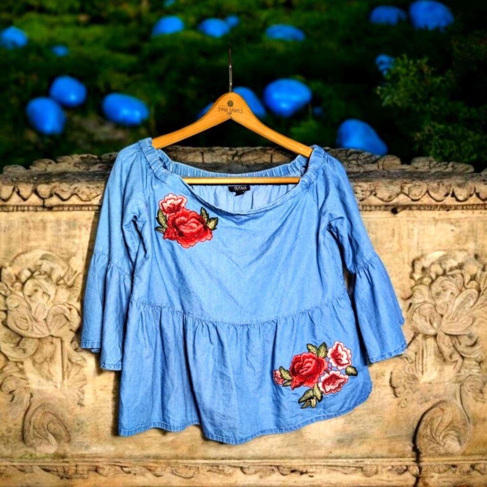 Designer Ana Sz S Off The Shoulder Blue Denim Floral Embroidered Wom Size S / US 4 / IT 40 - 1 Thumbnail