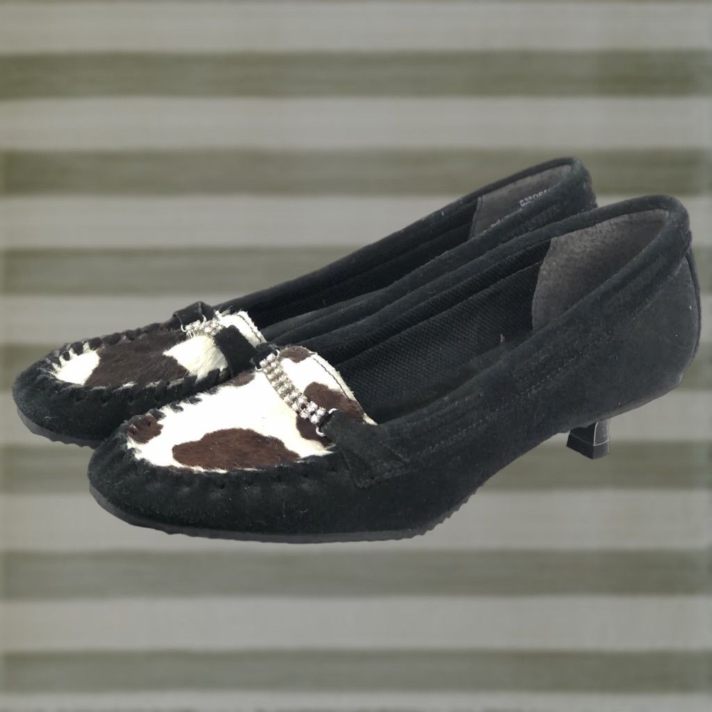 Vintage Dr. Scholls Women Pump 7m Black Suede Kitten Heel Rhinestones Ponyhair Vintage No Size US 7 / IT 37 - 1 Thumbnail