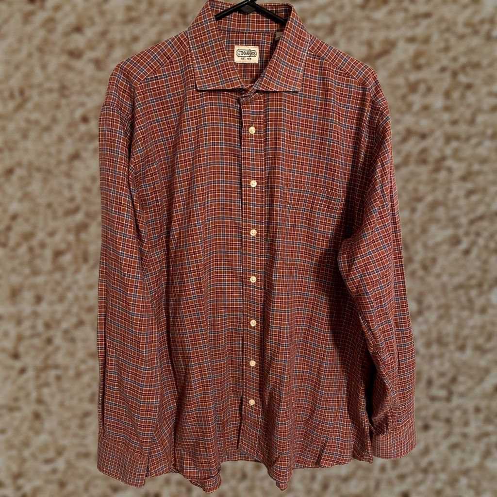 Vintage Gitman Bros Burnt Orange Plaid L/S Button Up Dress Shirt Men's XL Cutaway Collar Size 46R - 1 Thumbnail