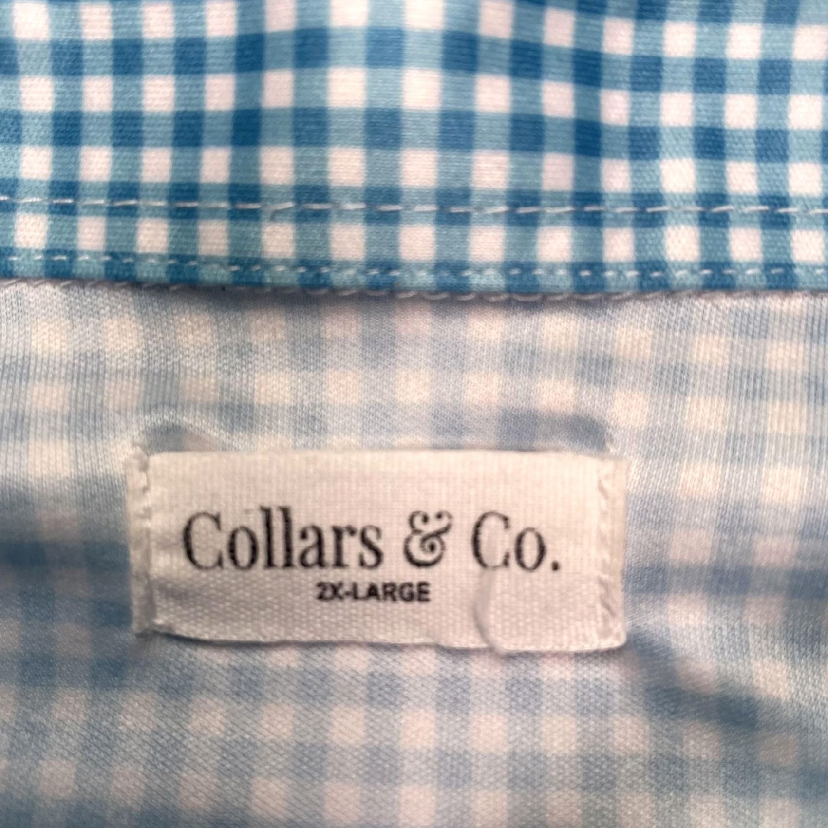 Vintage Collars & Co. Shirt Mens 2XL Blue Check Short Sleeve Polo Polyester Dress Collar Button-Up Shirt Size 48R - 2 Thumbnail