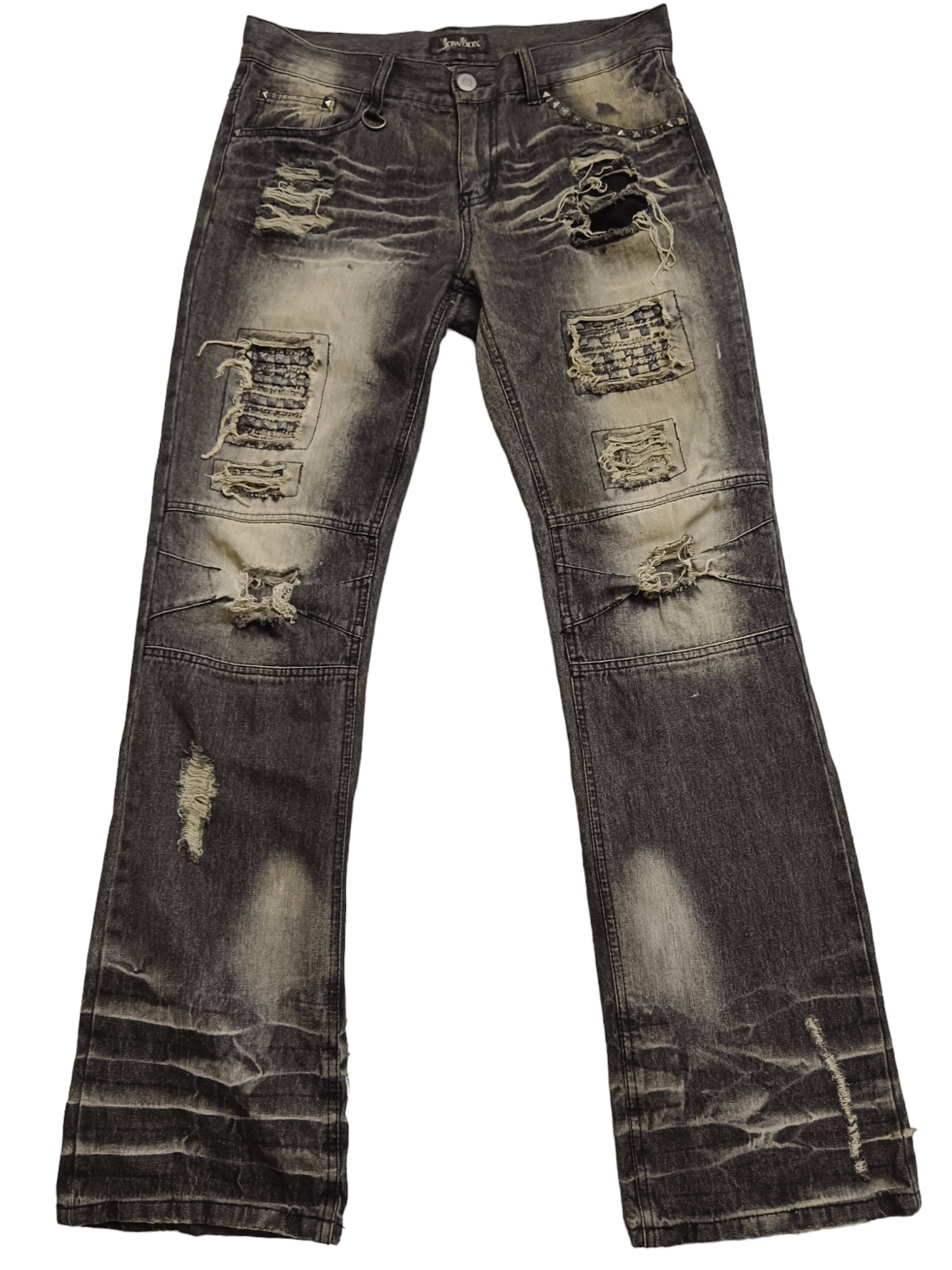 image of Distressed Denim x Lowbox Vintage Lowbox Distressed Punk Flare Denim in Black, Men's (Size 32)