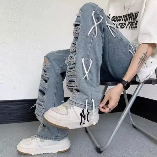 VIBE Street design ripped side drawstring straight-leg jeans Size US 32 / EU 48 - 4 Thumbnail