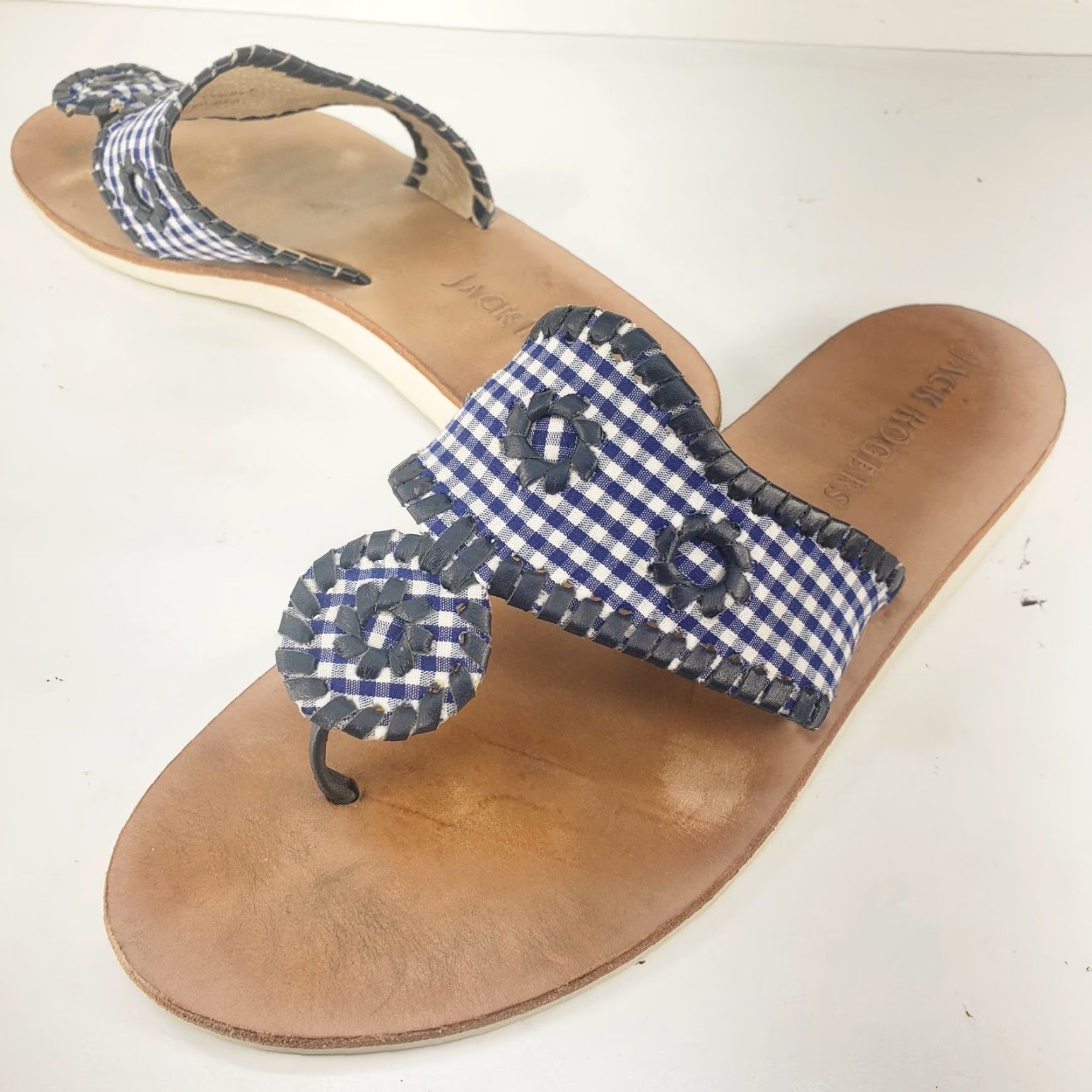 Jack Rogers JACK ROGERS Blue Gingham Check Whipstitch Fabric Slides Sandals 8M Womens Slip On Casual Travel Party/Cocktail Sandals Size US 8 / IT 38 - 2 Thumbnail