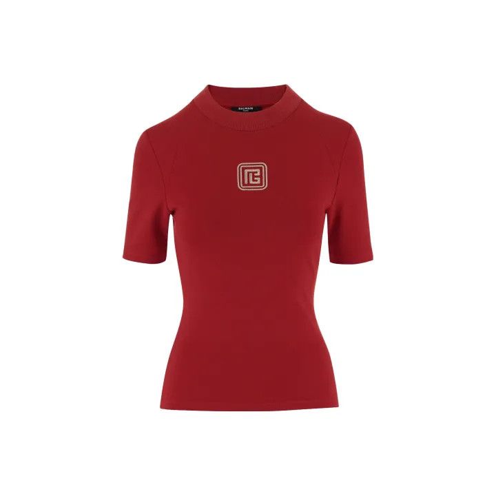 Balmain Red Logo Short Sleeve T-Shirt for Women 0079