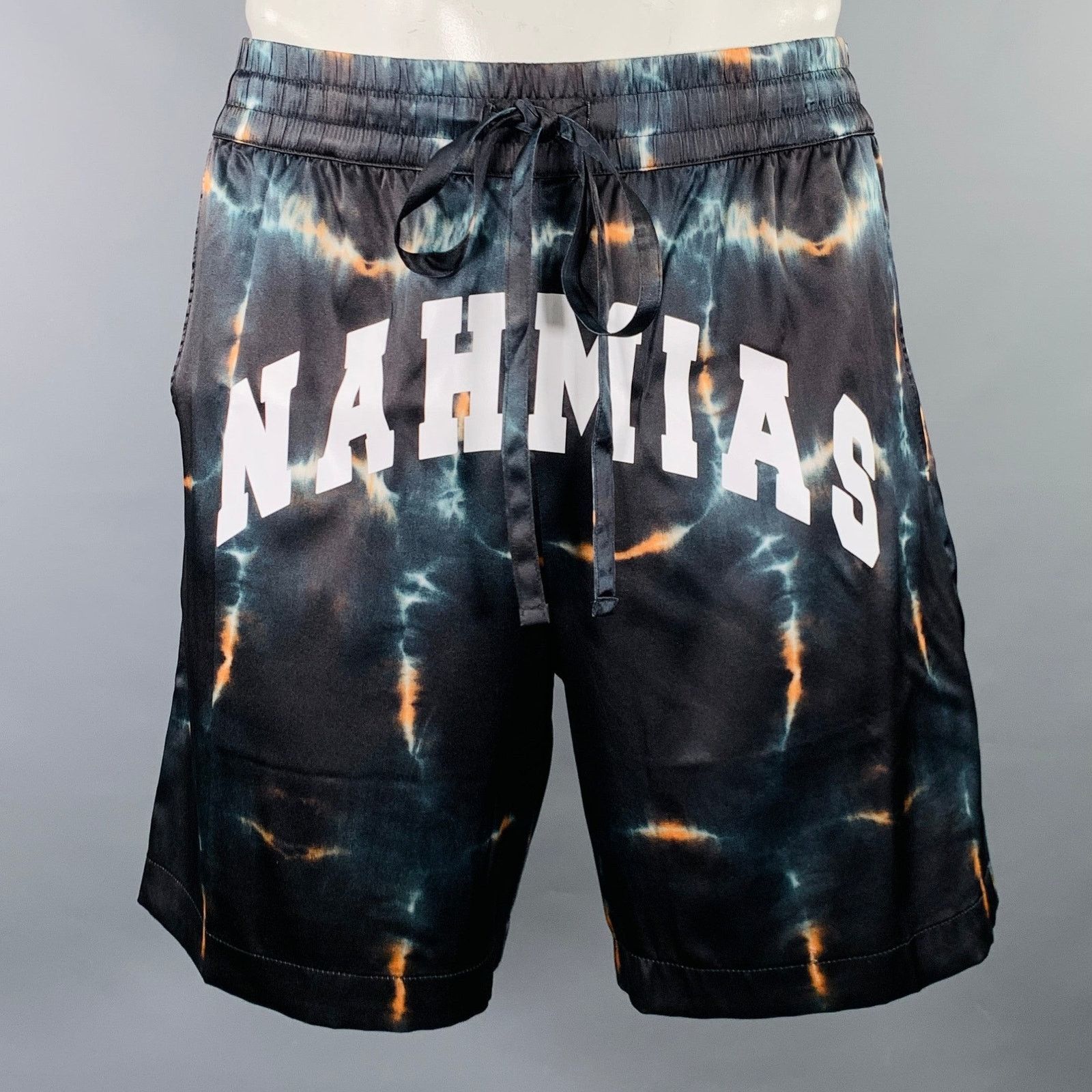 Nahmias Size L Black White Tie Dye Logo Silk Blend Joggers Shorts Size US 34 / EU 50 - 1 Thumbnail