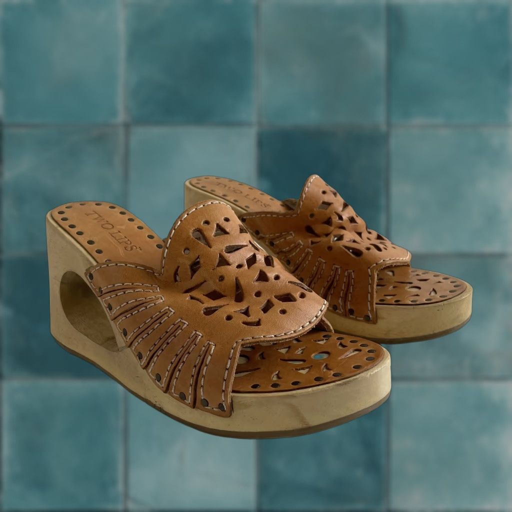 Vintage VINTAGE Y2K Wedge Sandals 7 Tan Leather Chunky Platform Wooden Block Heel Cutout - Two Lips Womens Shoes Brown Size US 7 / IT 37 - 1 Thumbnail