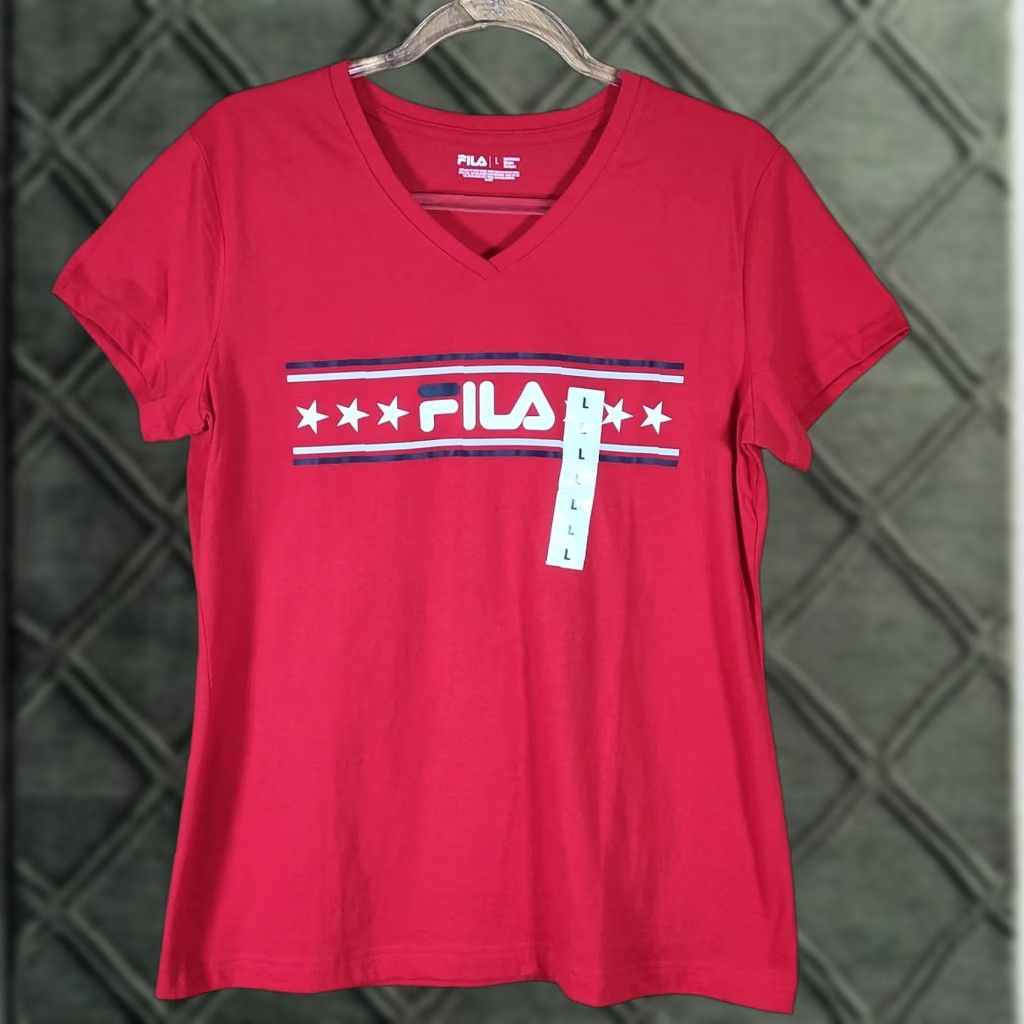 Fila FILA T Shirt Womens L Red V Neck Short Sleeve Graphic Logo Stars Size L / US 10 / IT 46 - 1 Thumbnail