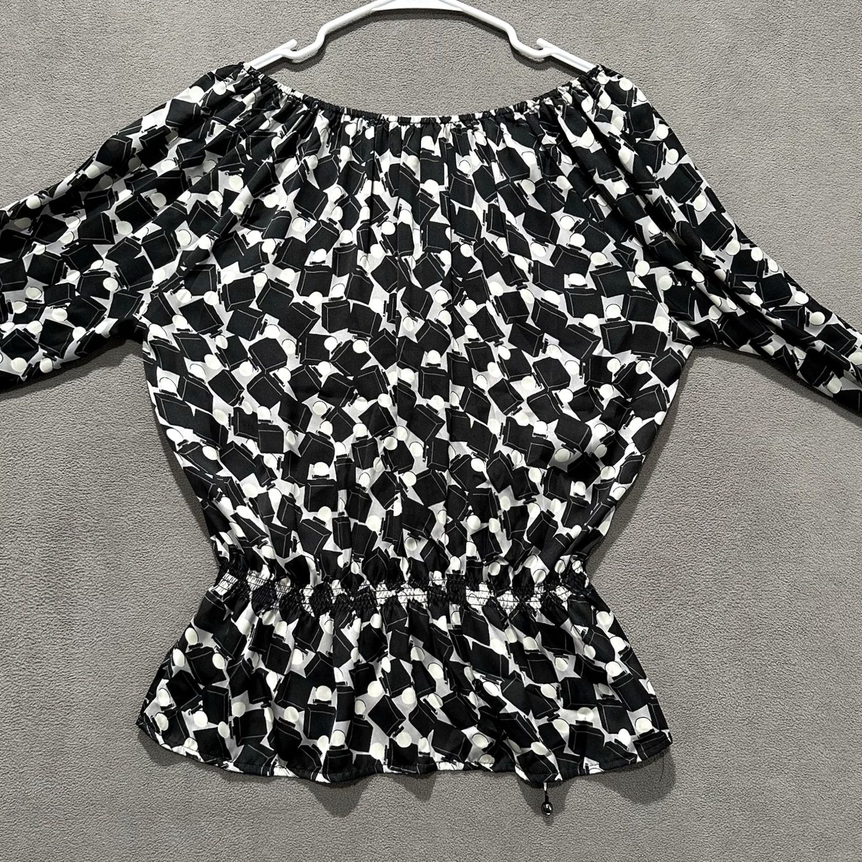 Ellen Tracy Ellen Tracy Blouse Geometric Puff Sleeve Cinched Waist V-Neck Long Sleeve Black White Women's M Size XL / US 12-14 / IT 48-50 - 3 Thumbnail