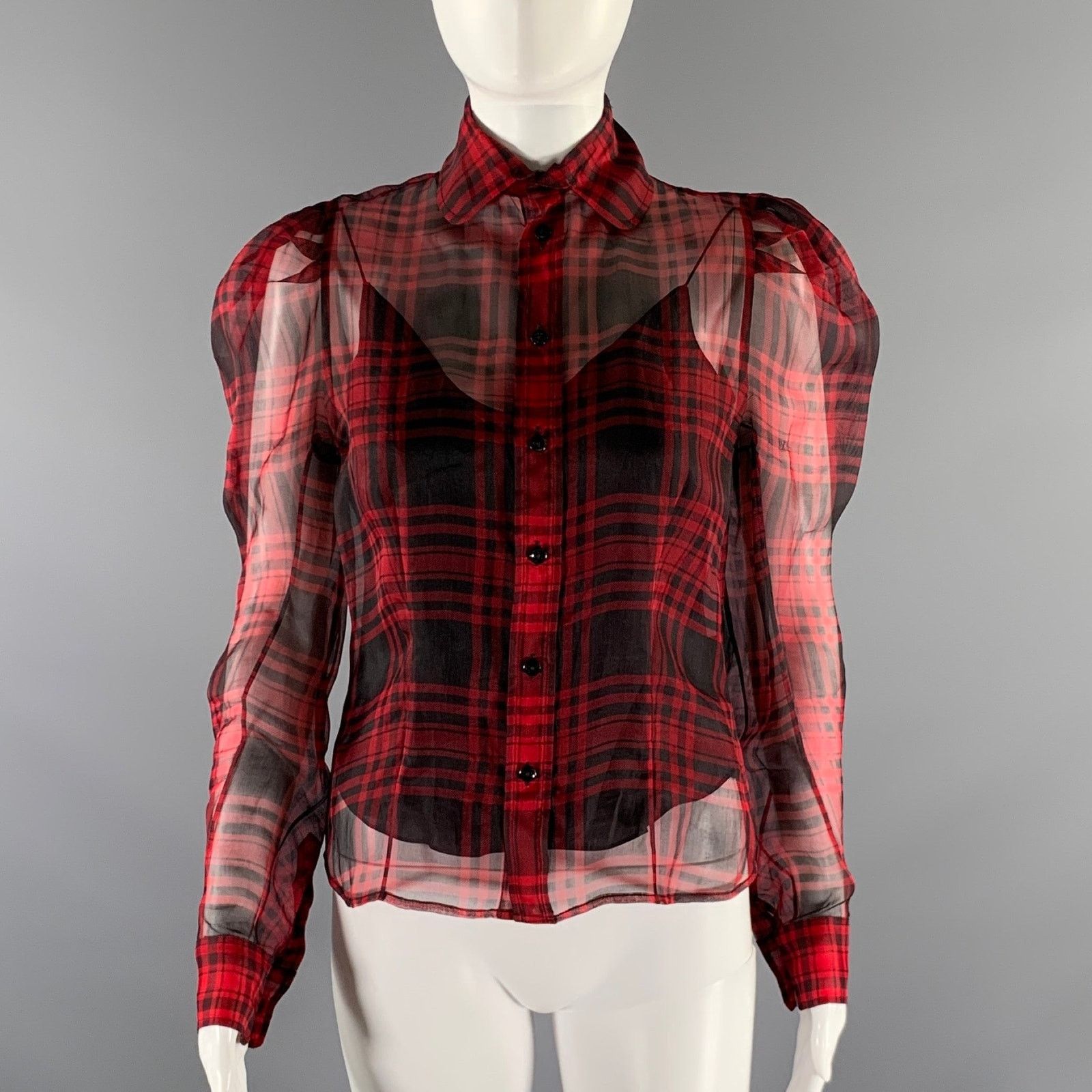 Ralph Lauren RALPH LAUREN Red Black Silk Plaid Balloon sleeves Blouse Size S / US 4 / IT 40 - 1 Thumbnail