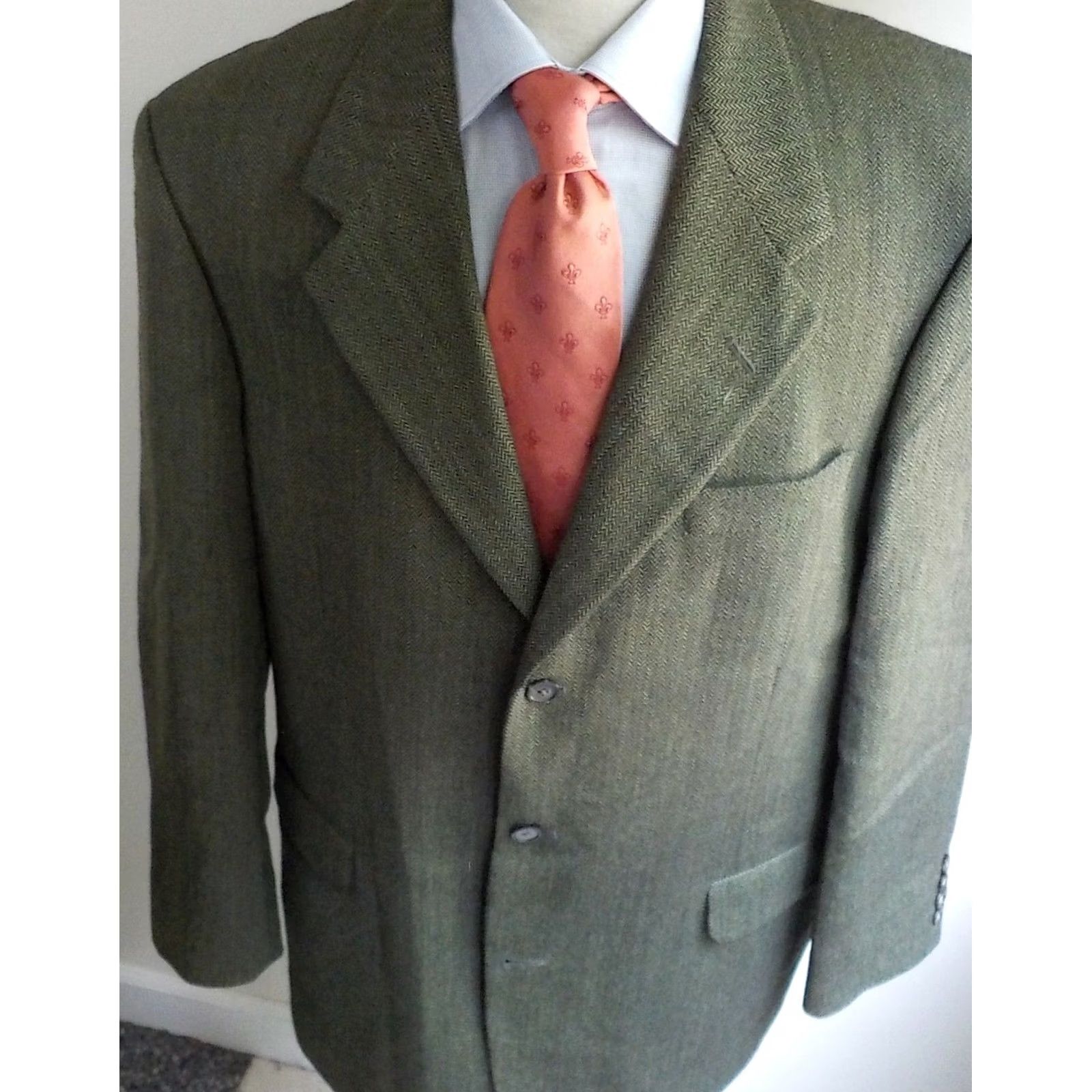 Aquascutum AQUASCUTUM Herringbone 3 Button Jacket Blazer Sz.44 Green/Black Made in USA Size 44R - 2 Thumbnail