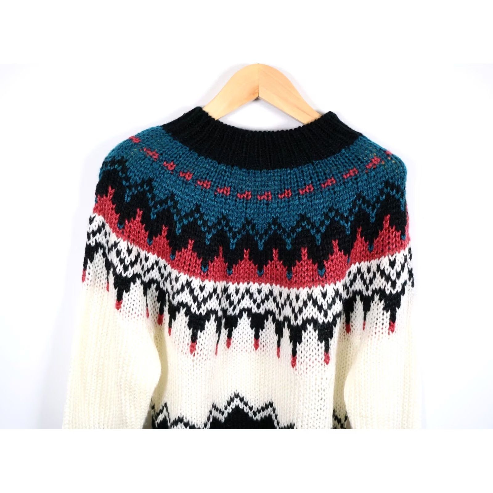 Vintage VINTAGE Ivy Hand Knit Sweater Women's Medium Green Pink Fair Isle Chunky Acrylic Crew Neck Long Sleeve Pullover Casual 80s 90s Retro Ski Womens Size M / US 6-8 / IT 42-44 - 4 Thumbnail