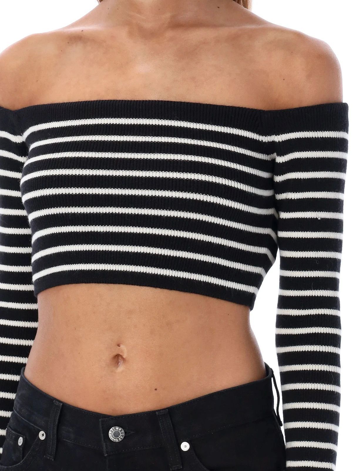 Saint Laurent Paris o1tp1o0125 Cropped Top In Stripe Wool in Black/White Size L / US 10 / IT 46 - 6 Thumbnail