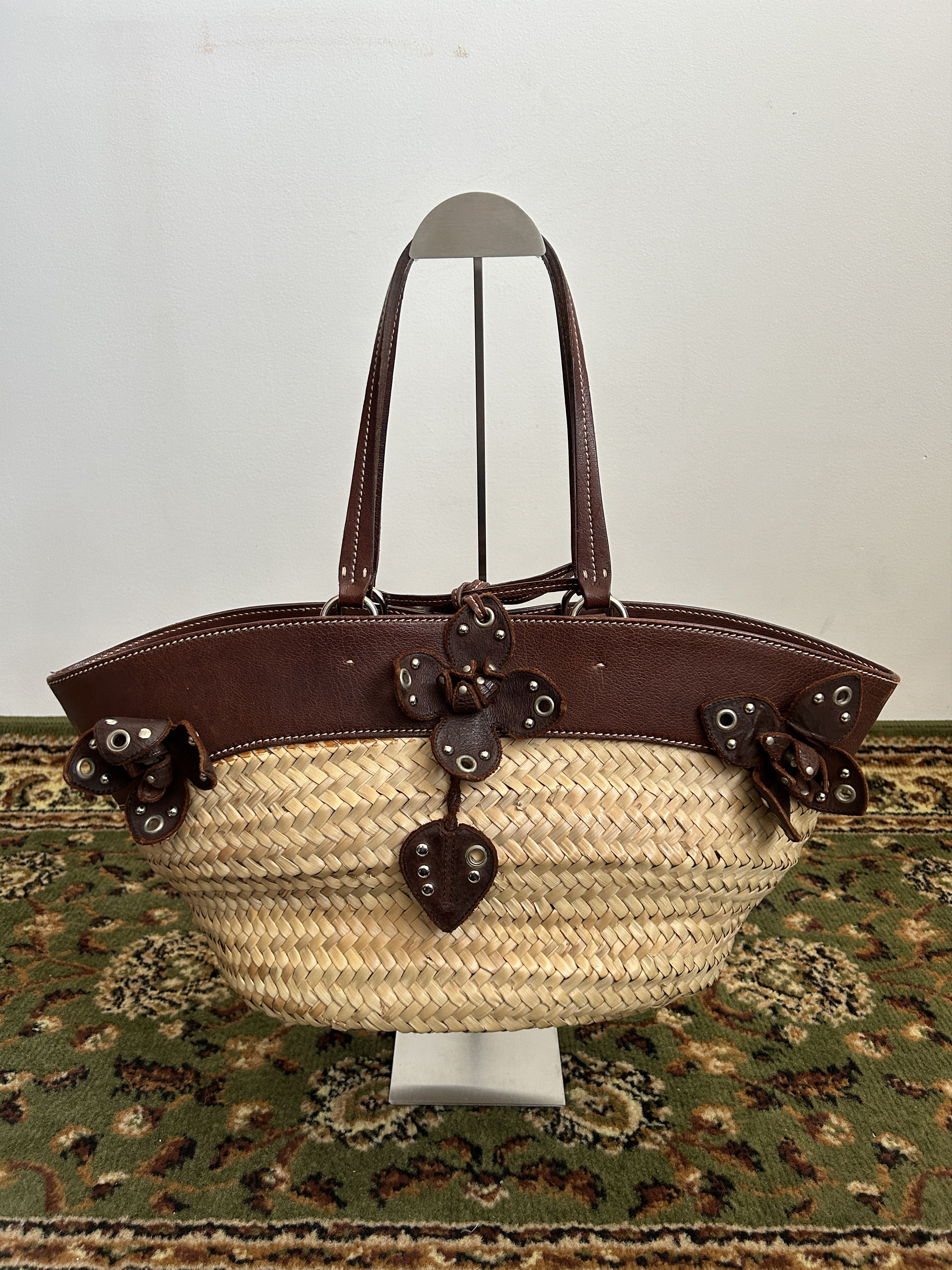 Vintage 90s archive miu miu raffia and leather tote bag
