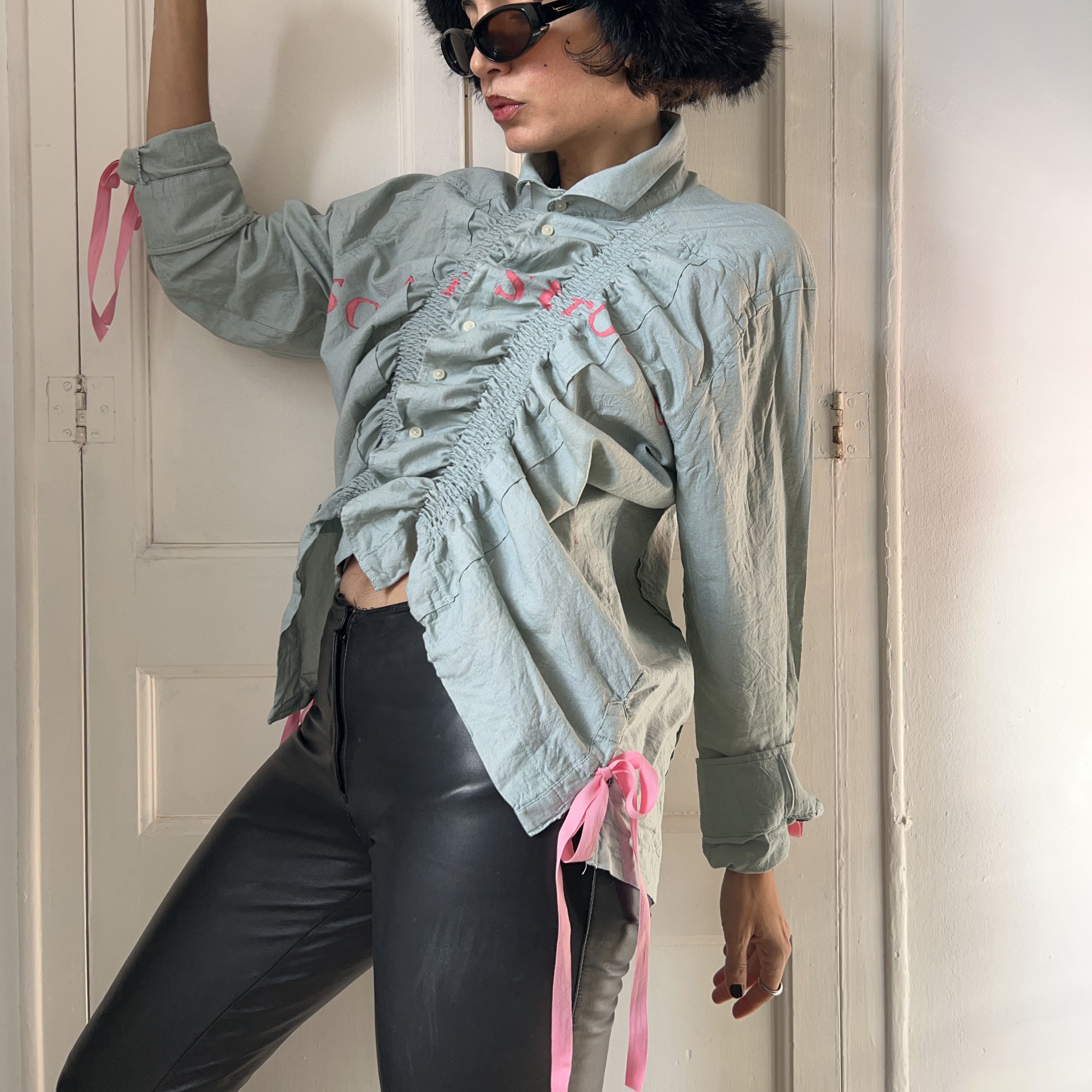 Custommade Reworked Vintage Ruffle Gren Shirt with Tied Cuffs Size XL / US 12-14 / IT 48-50 - 6 Thumbnail