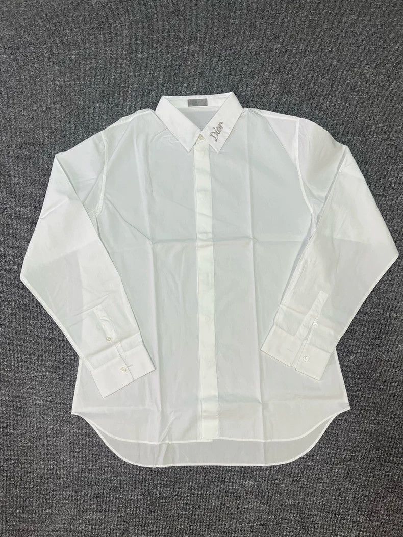 Dior Size43 Collar logo embroidered white long-sleeved shir