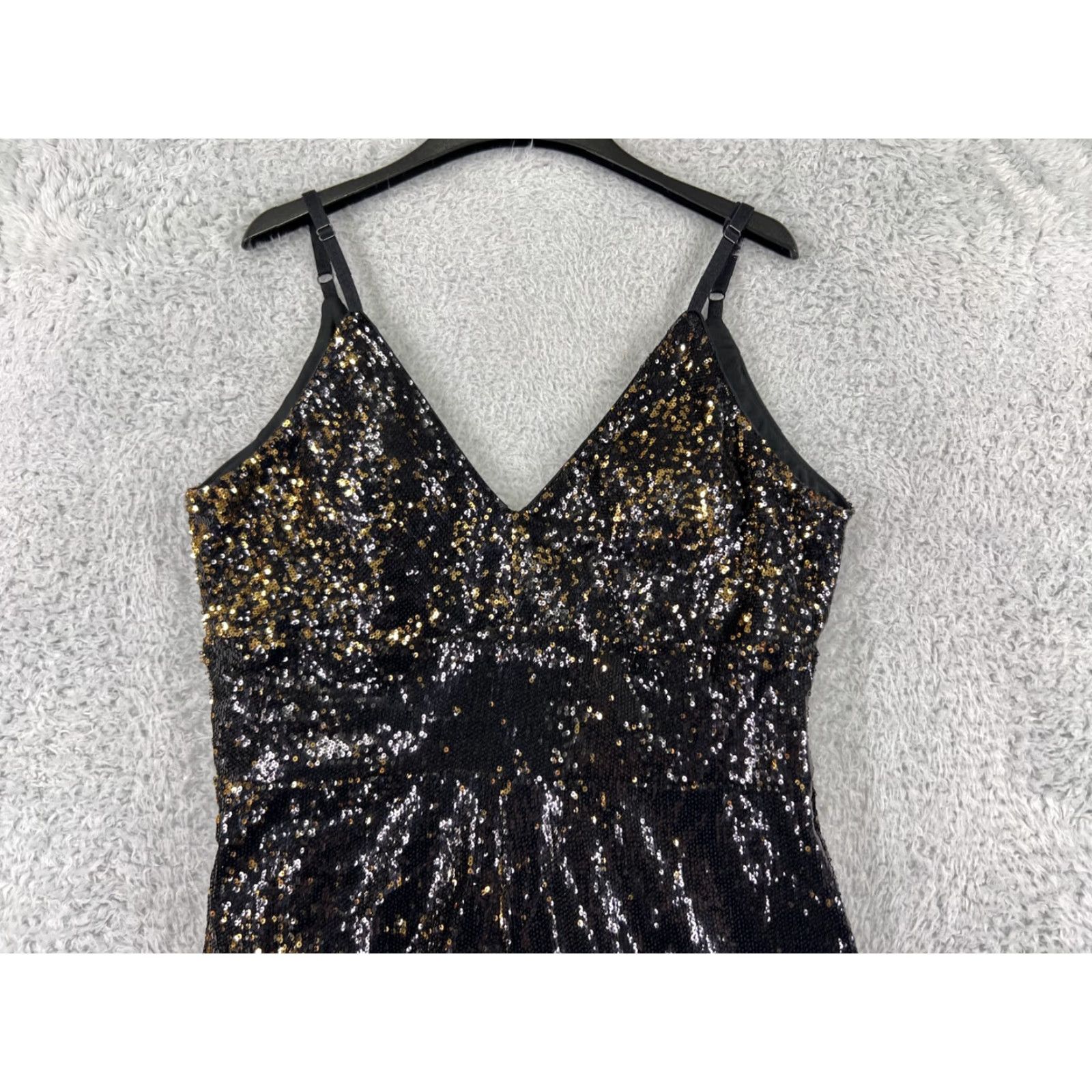 Vintage Leith Dress Womens Small Black Gold Sequin V-Neck Cocktail Polyester Lined Mini Size S / US 4 / IT 40 - 5 Thumbnail