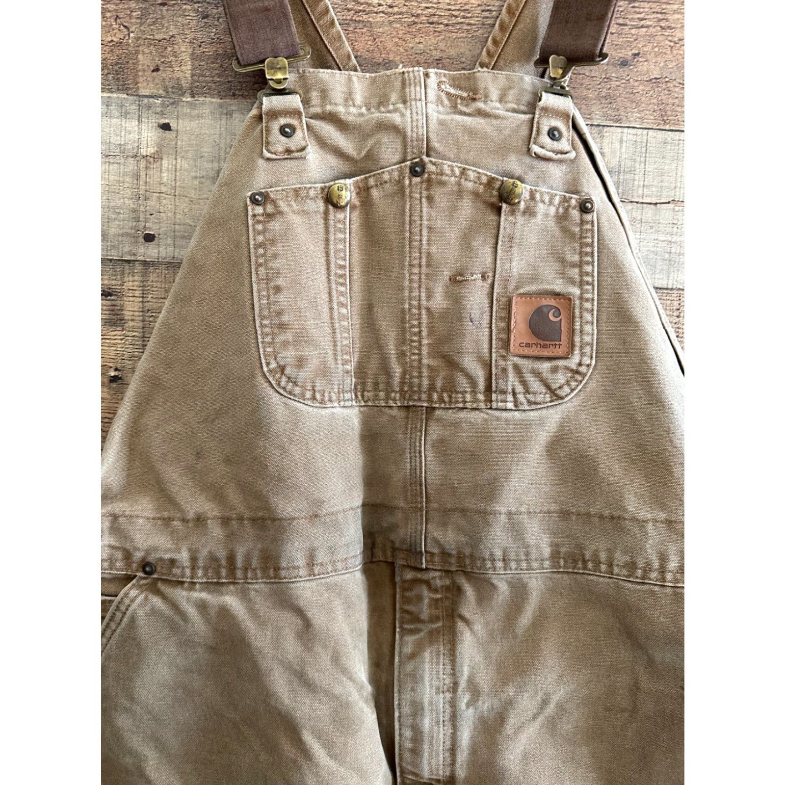 Carhartt VINTAGE Carhartt R01 BRN Men's 44x30 Khaki Duck Carpenter Bib Overalls Distressed Lot 2 pairs Size US 44 / EU 60 - 3 Thumbnail