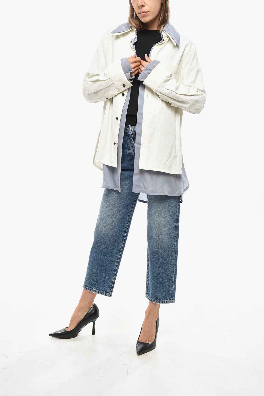 Bottega Veneta og1mm0426 Double-Fabric Relaxed-Fit Shirt in White Size XS / US 0-2 / IT 36-38 - 4 Thumbnail