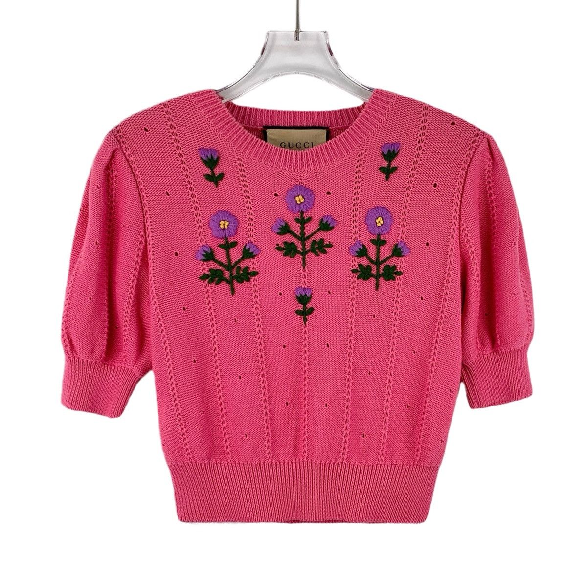 Gucci Gucci Pink Floral Embroidered Short Sleeve Knit Top K26WX Size XXS / US 00 / IT 34 - 1 Thumbnail