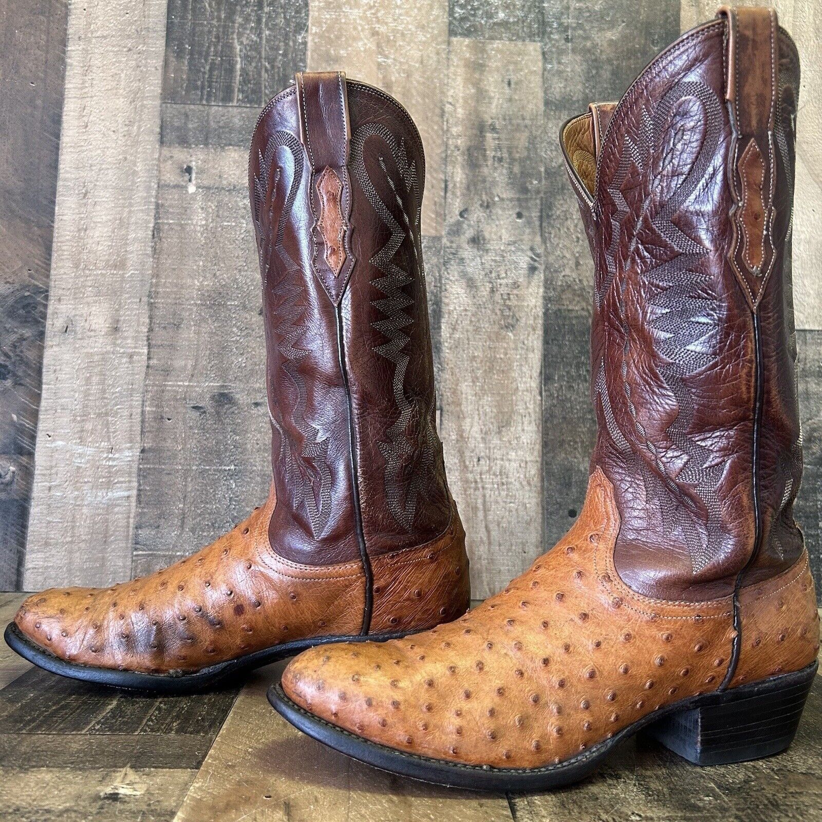 image of Lucchese 2000 Full Quill Ostrich Cowboy Boots Mens 8.5 D in Brown