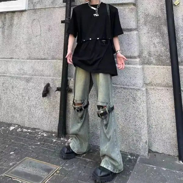 Japanese Brand VIBE High street distressed heavy-duty strappy baggy jeans Size US 31 - 5 Thumbnail