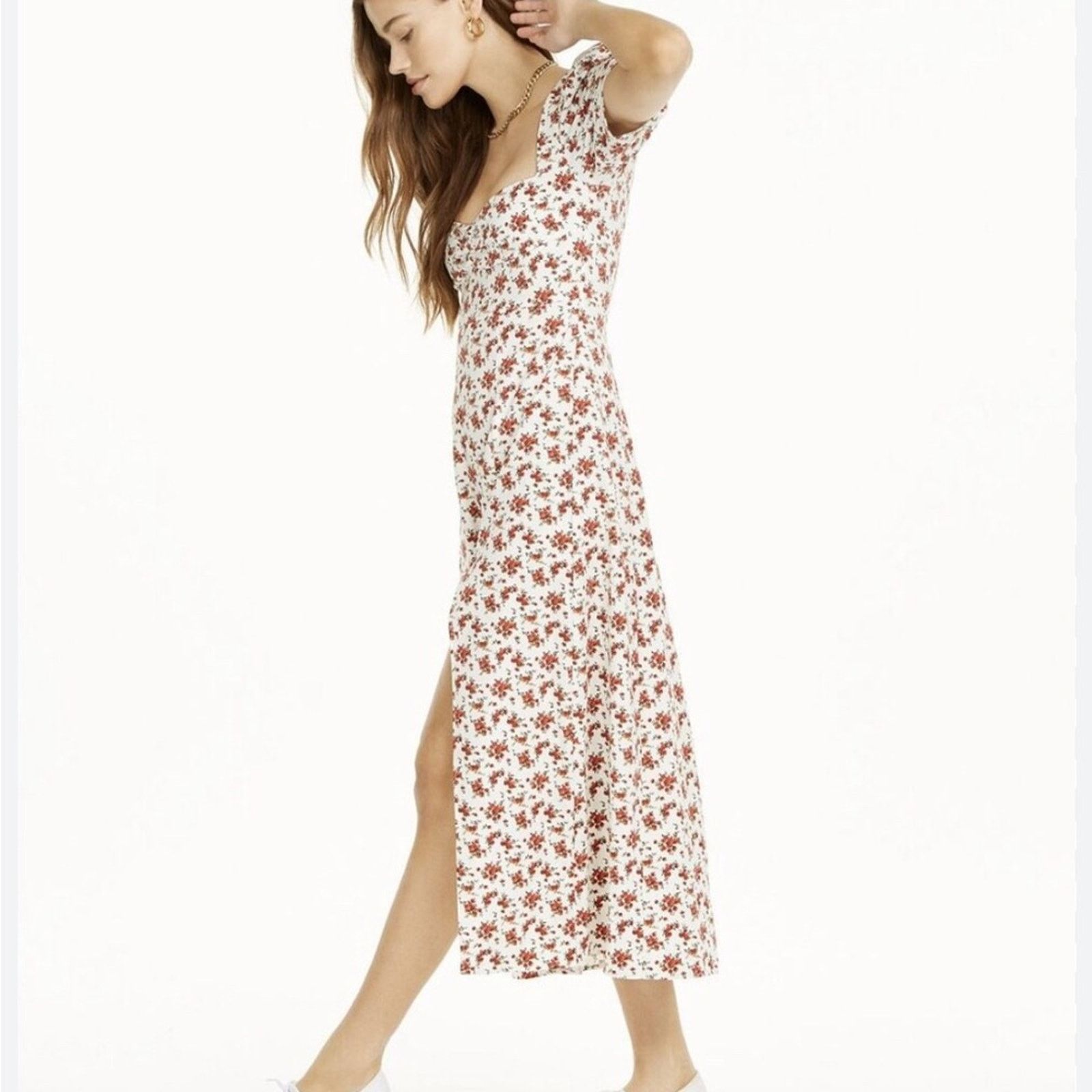 Other Danielle Bernstein White red Floral Midi Dress Puff Sleeve Size XS / US 0-2 / IT 36-38 - 1 Thumbnail