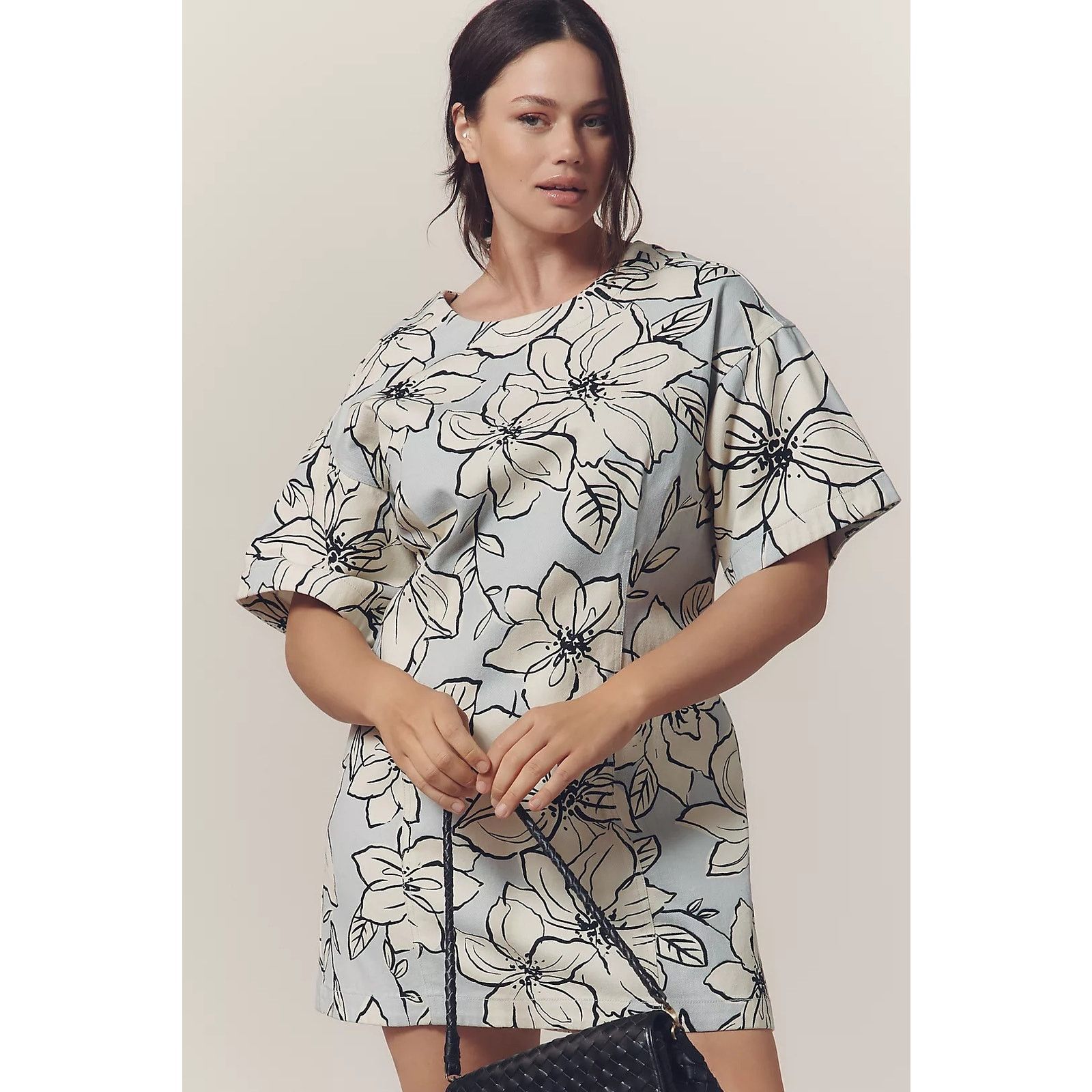 Anthropologie NWT Dhruv Kapoor Short-Sleeve Denim Mini Dress $168 Floral Size S / US 4 / IT 40 - 4 Thumbnail